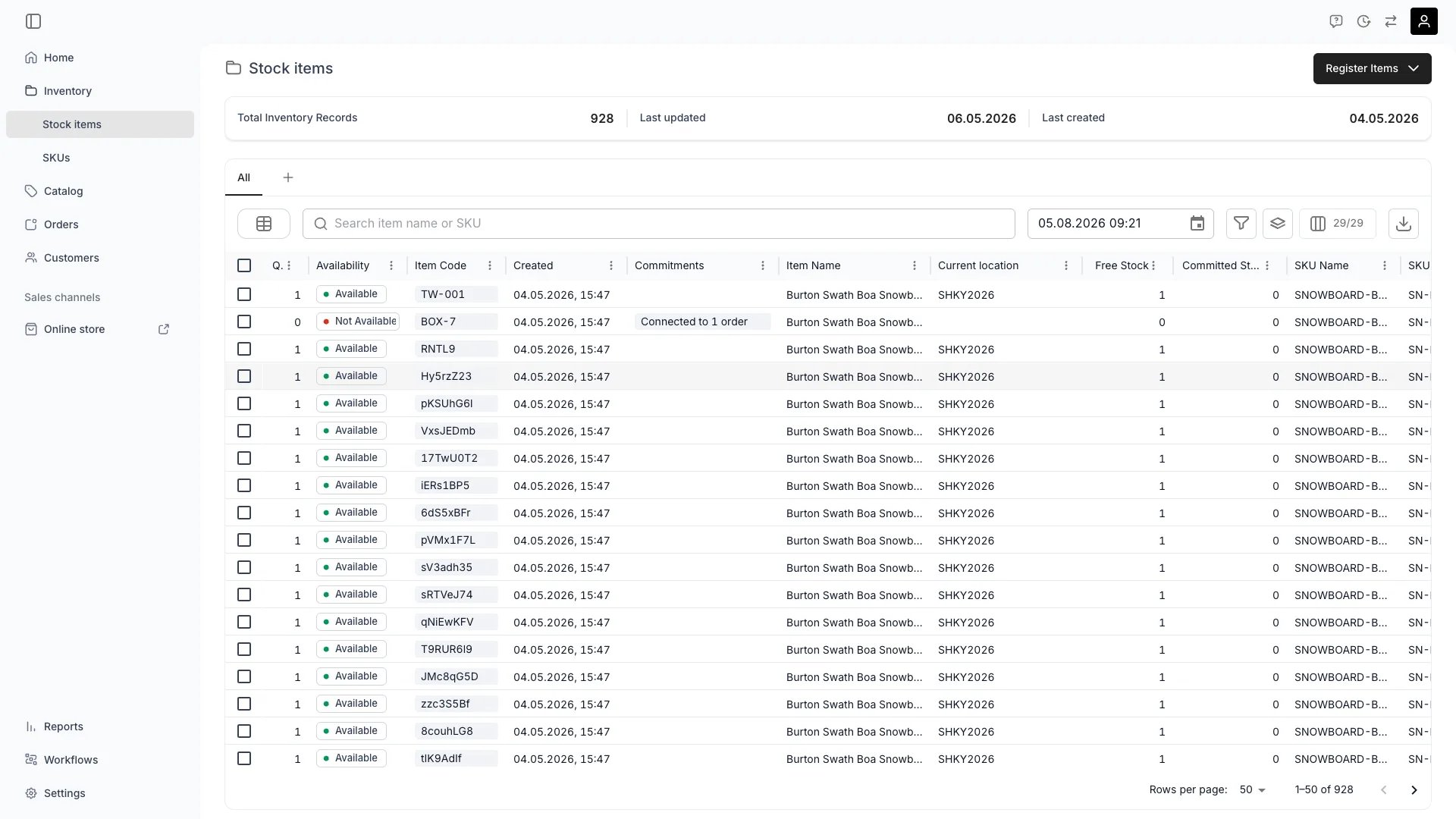 Stock items table in the admin