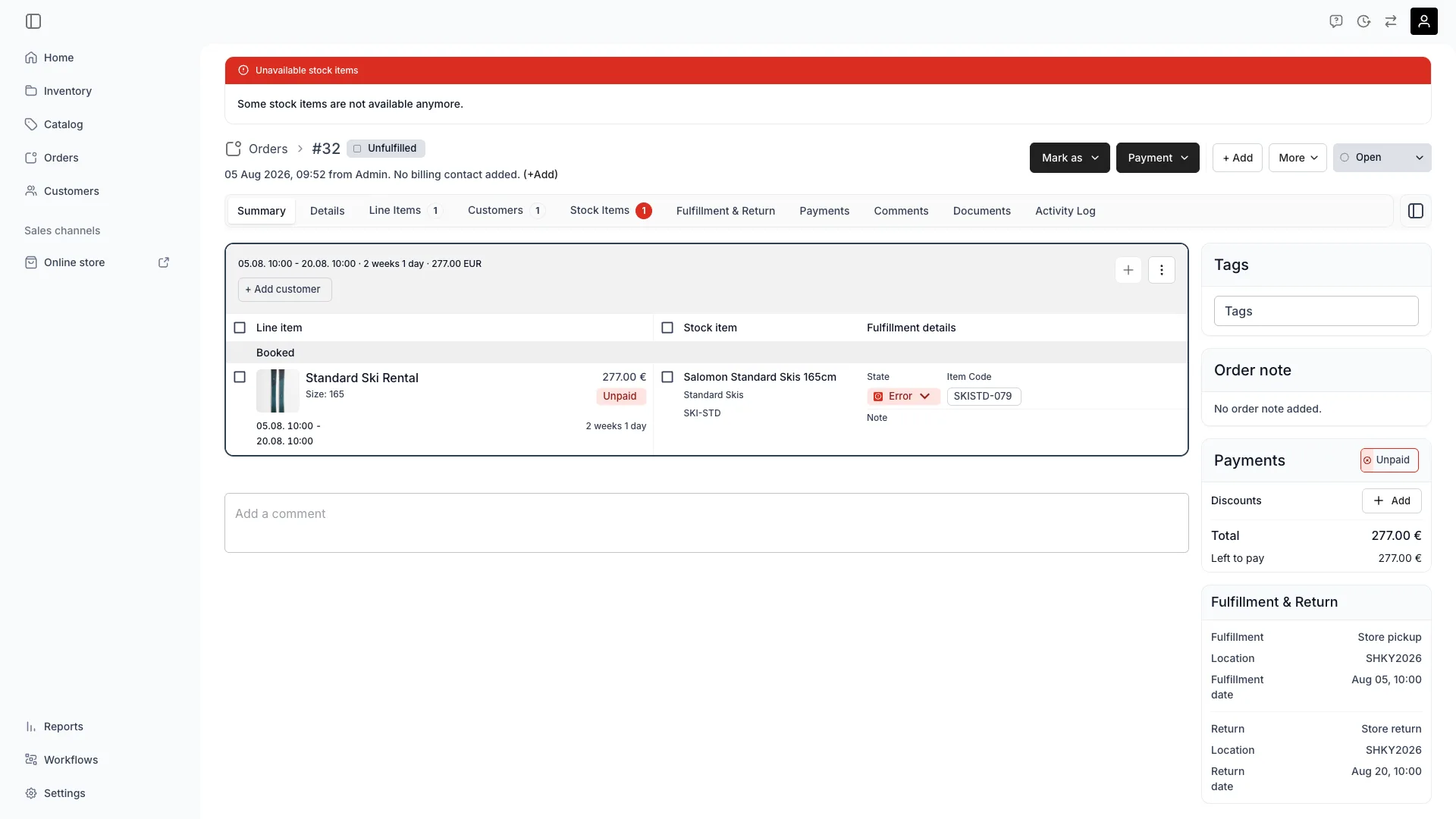 Order detail page showing an unavailable stock items banner