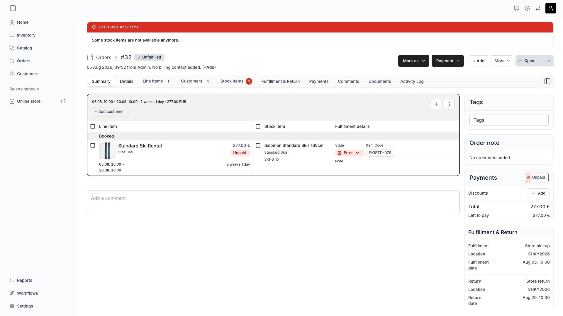 Order detail page showing an unavailable stock items banner