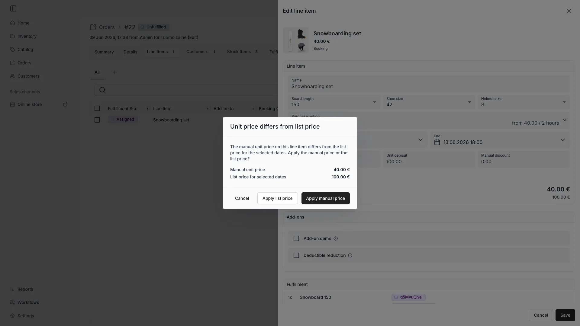 Unit price differs from list price confirmation dialog