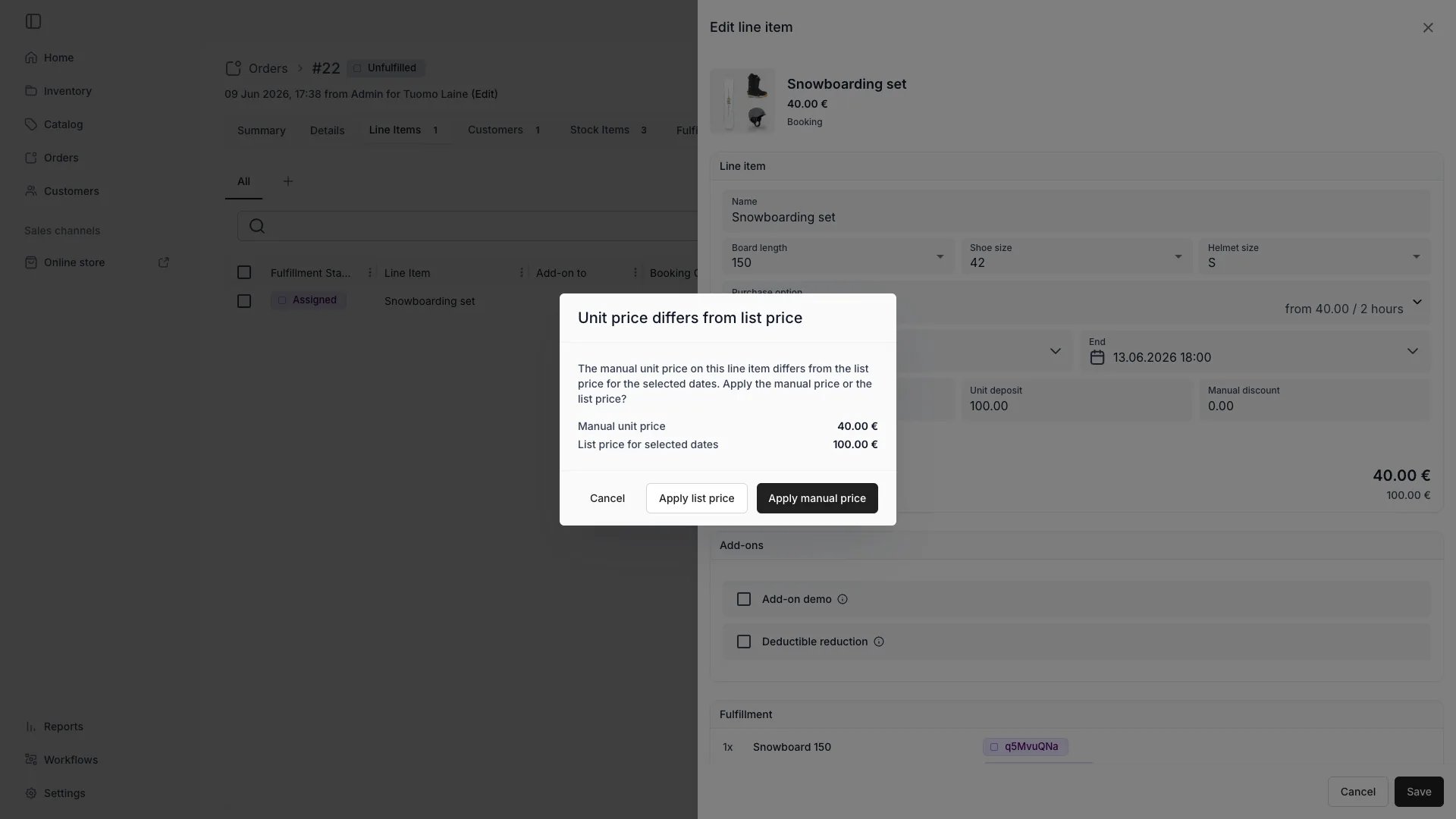 Unit price differs from list price confirmation dialog