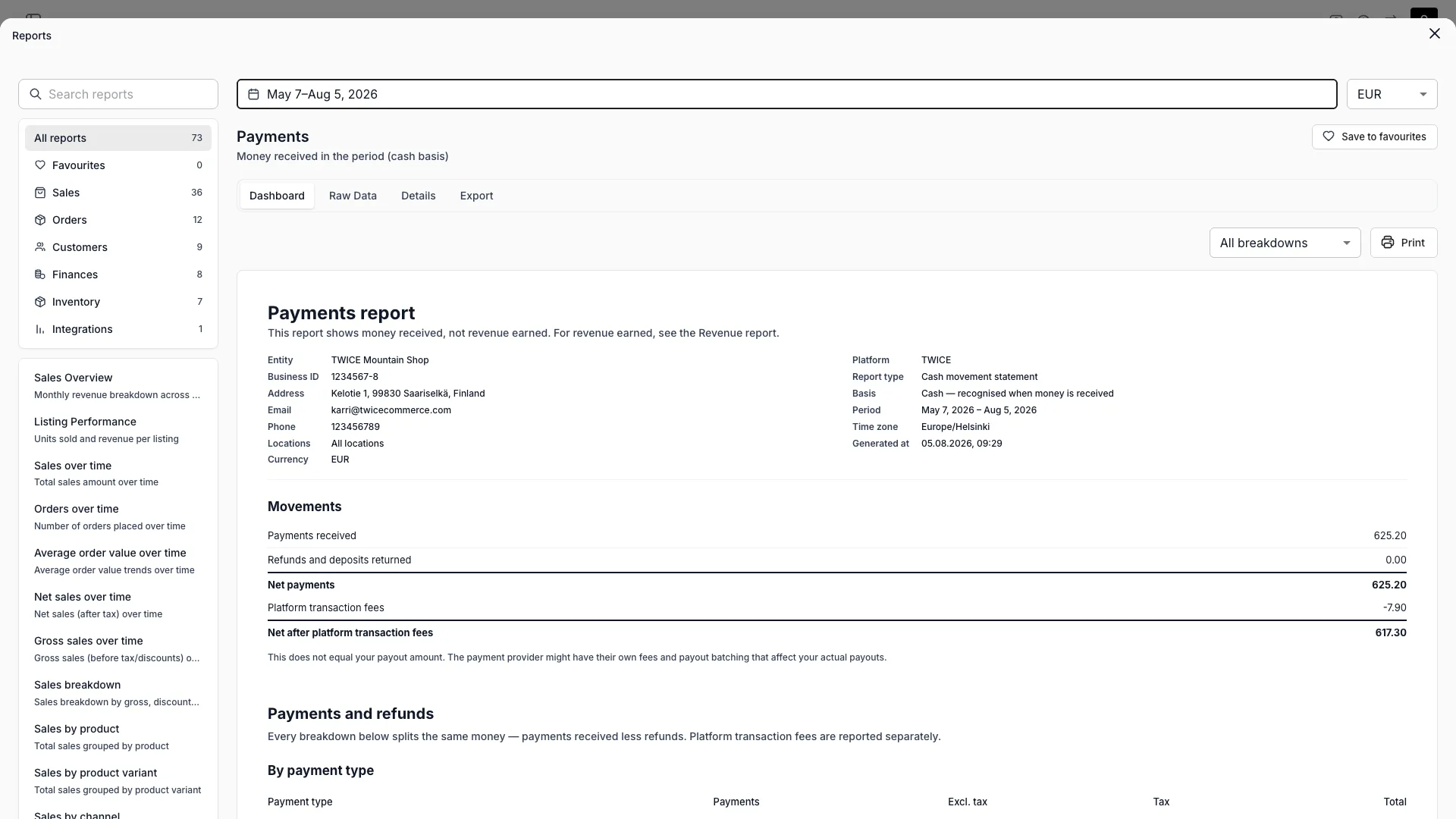 Payments report dashboard