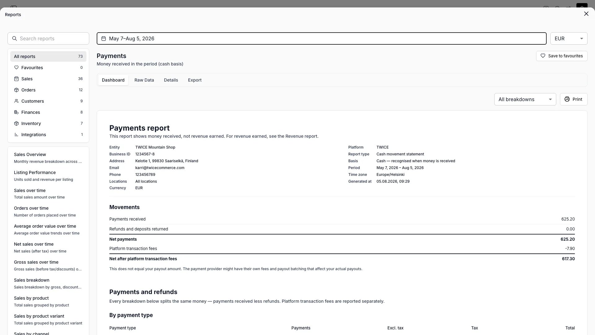 Payments report dashboard