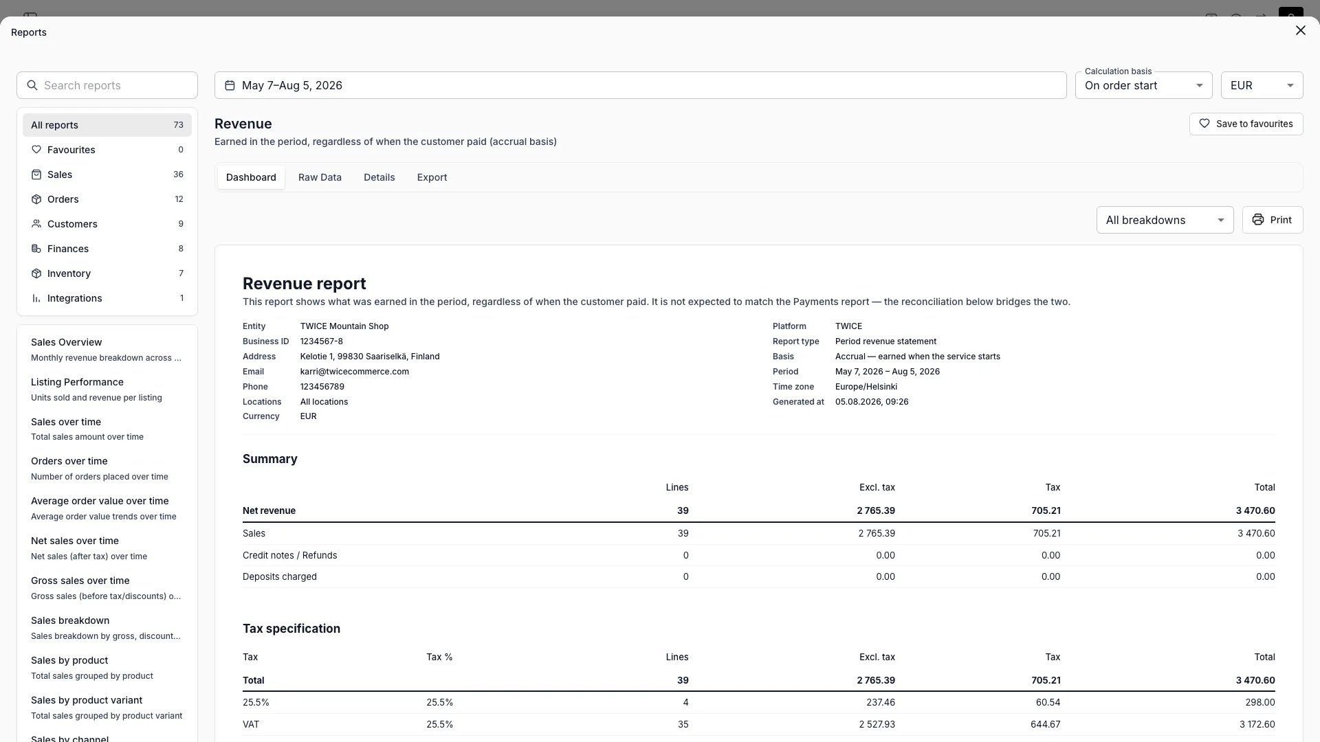 Revenue report dashboard