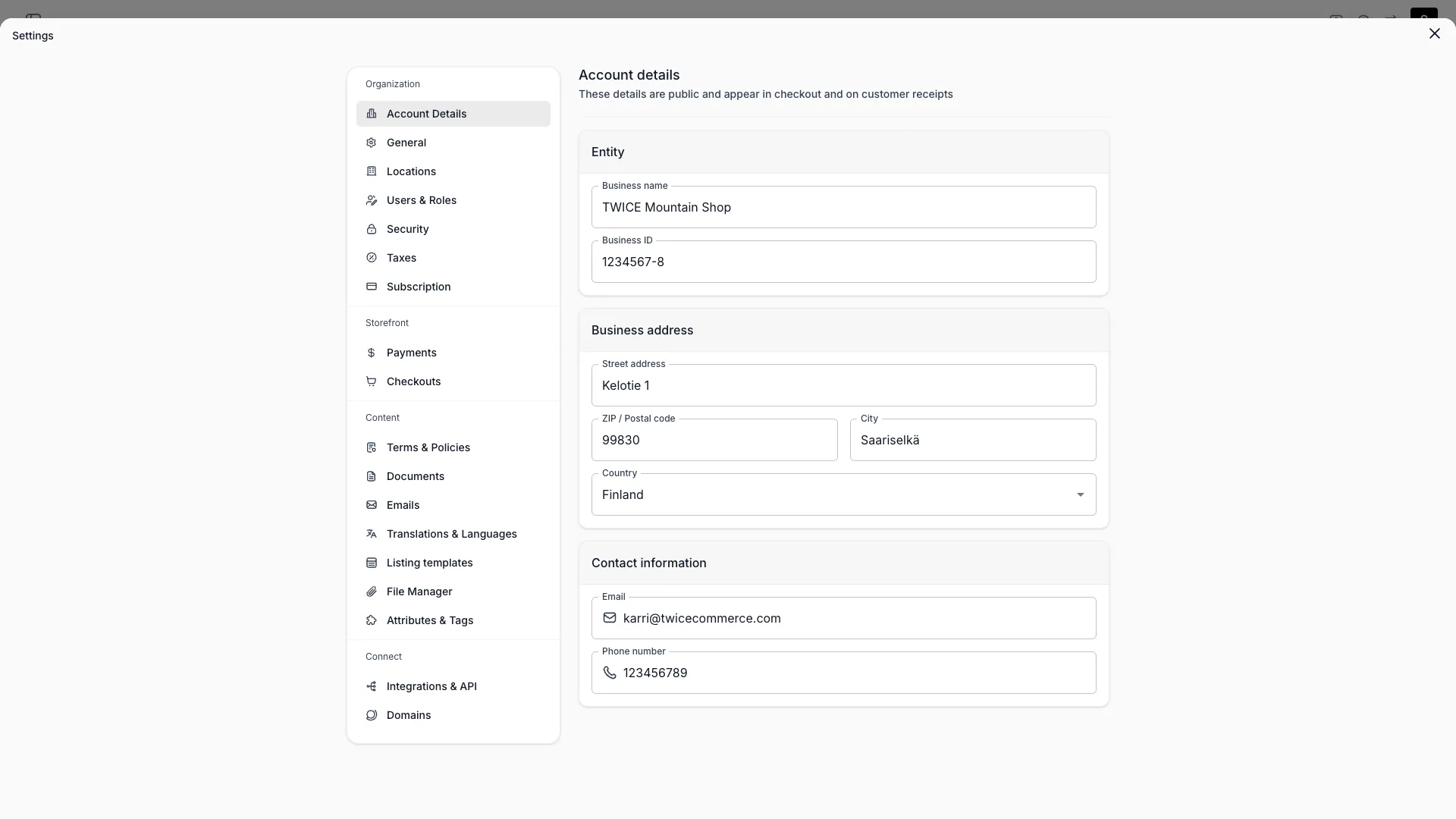 Account details settings page