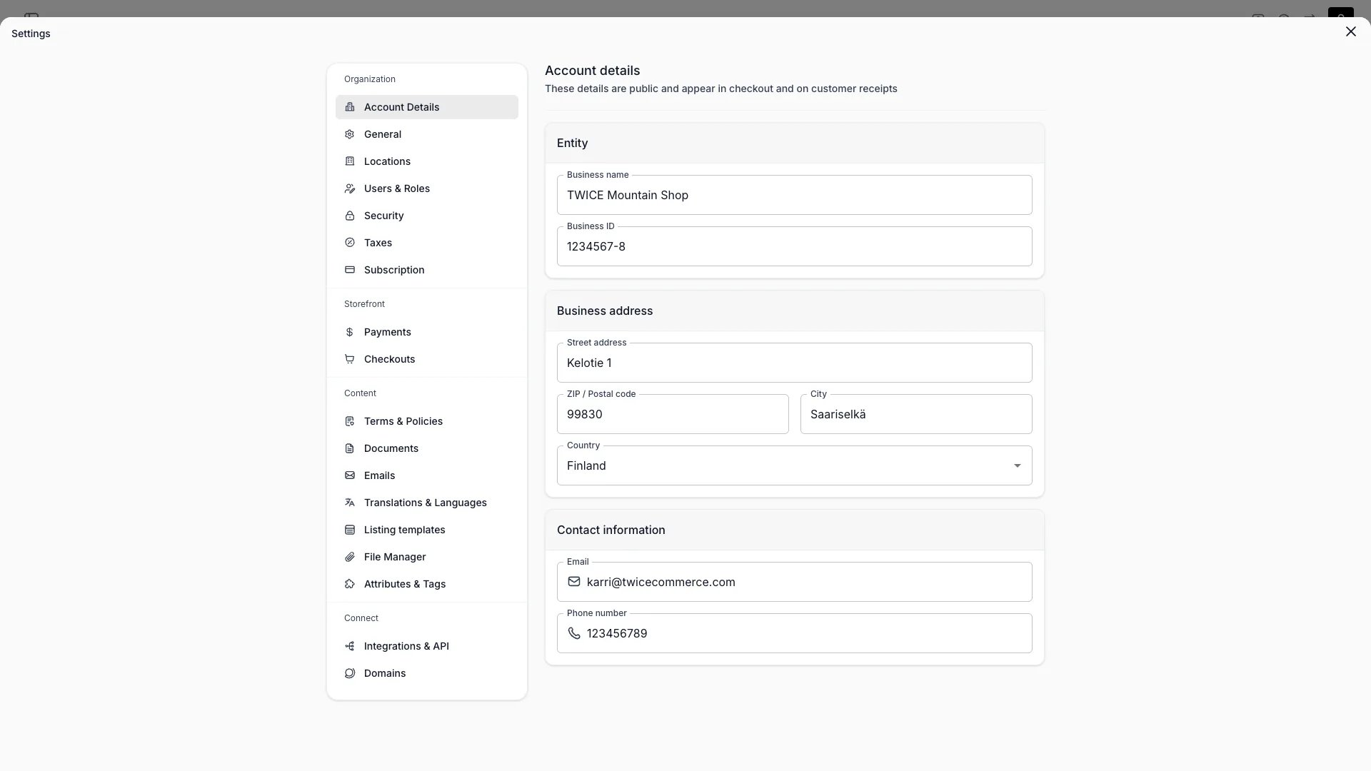 Account details settings page
