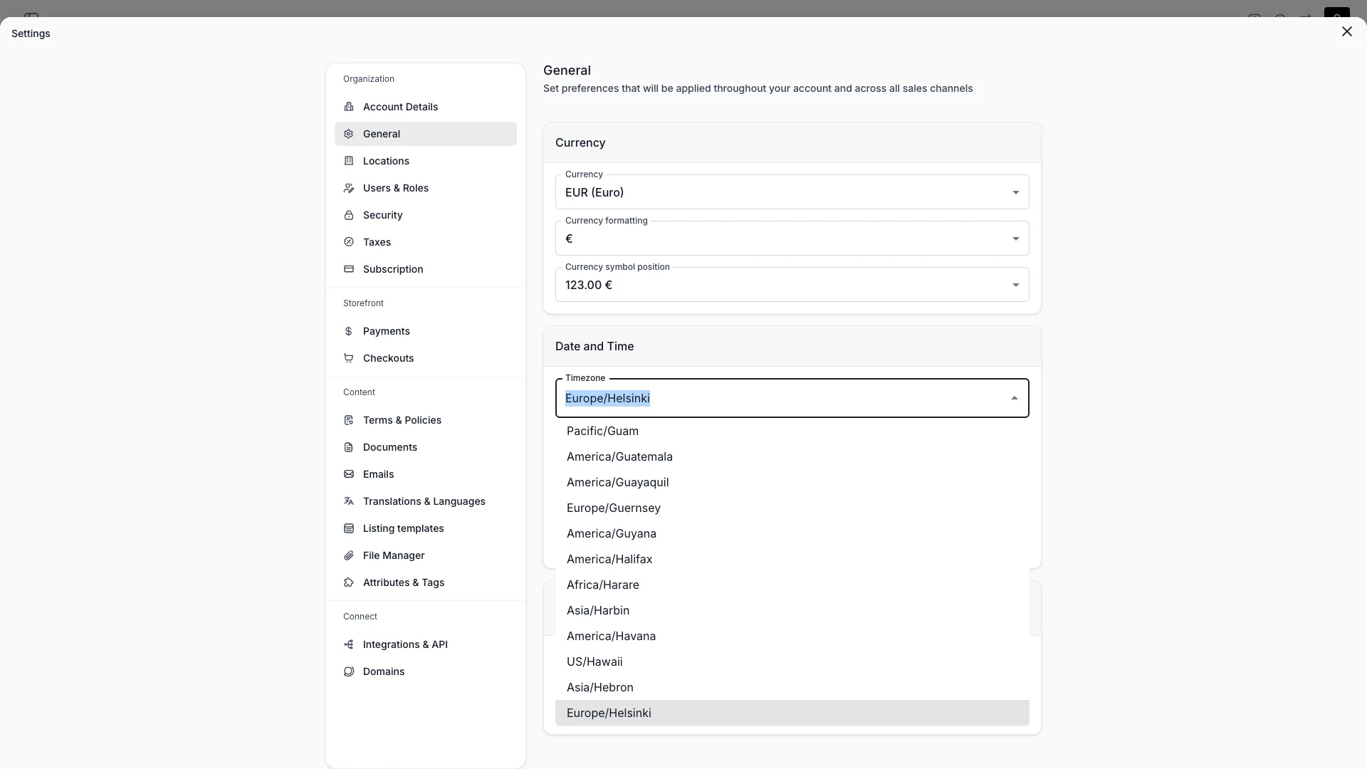 Editable timezone dropdown in General settings