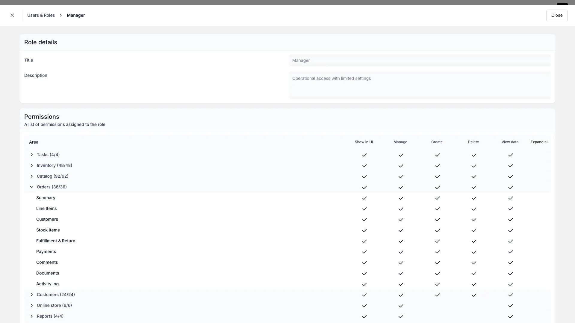 Permissions matrix with per-tab Show in UI checkboxes