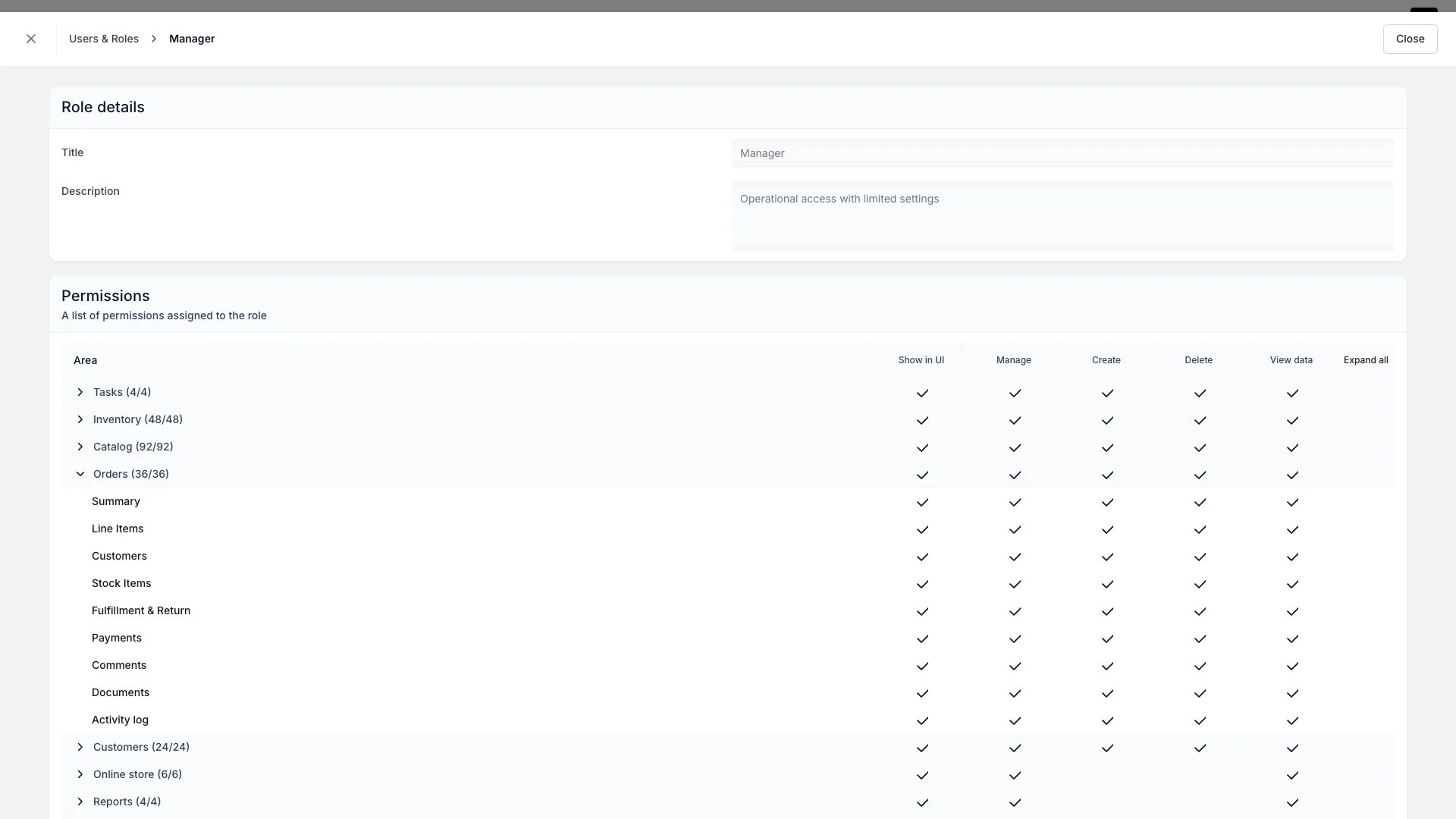 Permissions matrix with per-tab Show in UI checkboxes