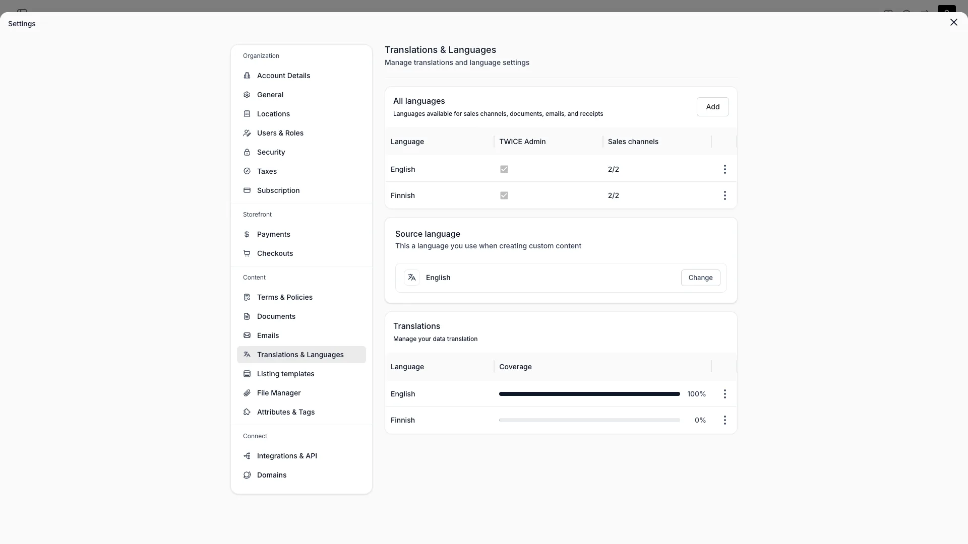 Translations settings page