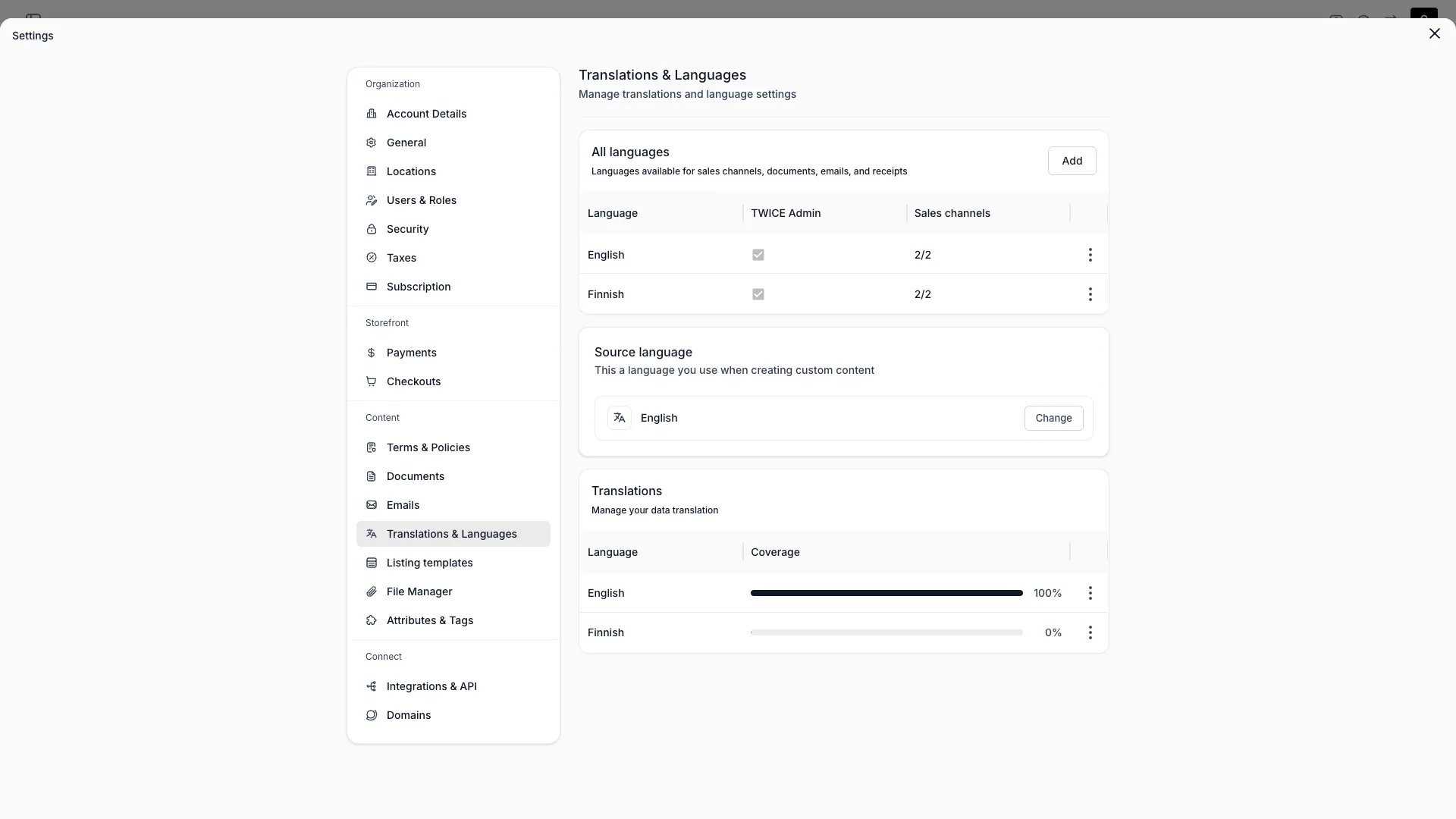 Translations settings page