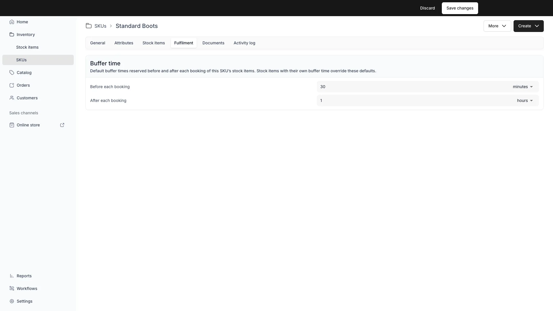 SKU fulfillment tab with before and after booking buffers
