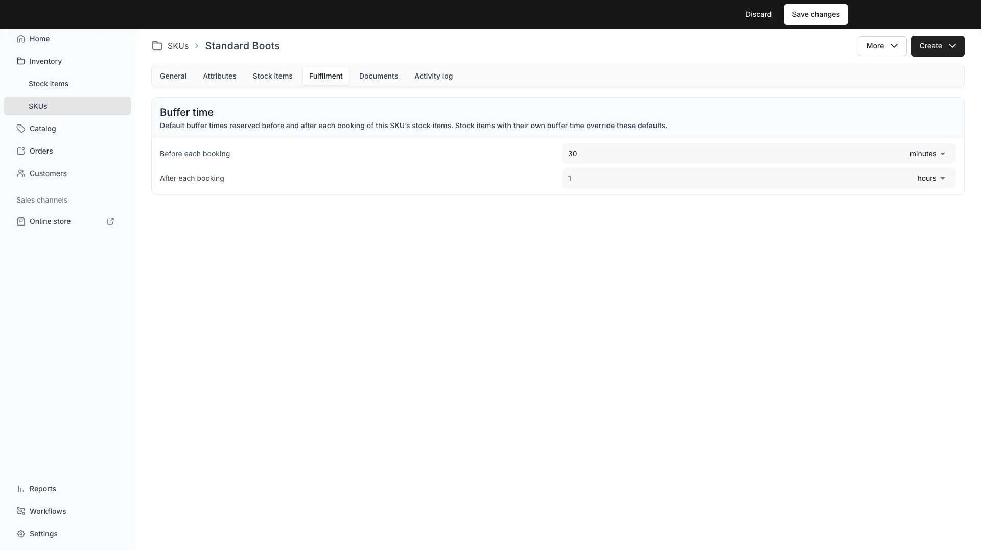 SKU fulfillment tab with before and after booking buffers