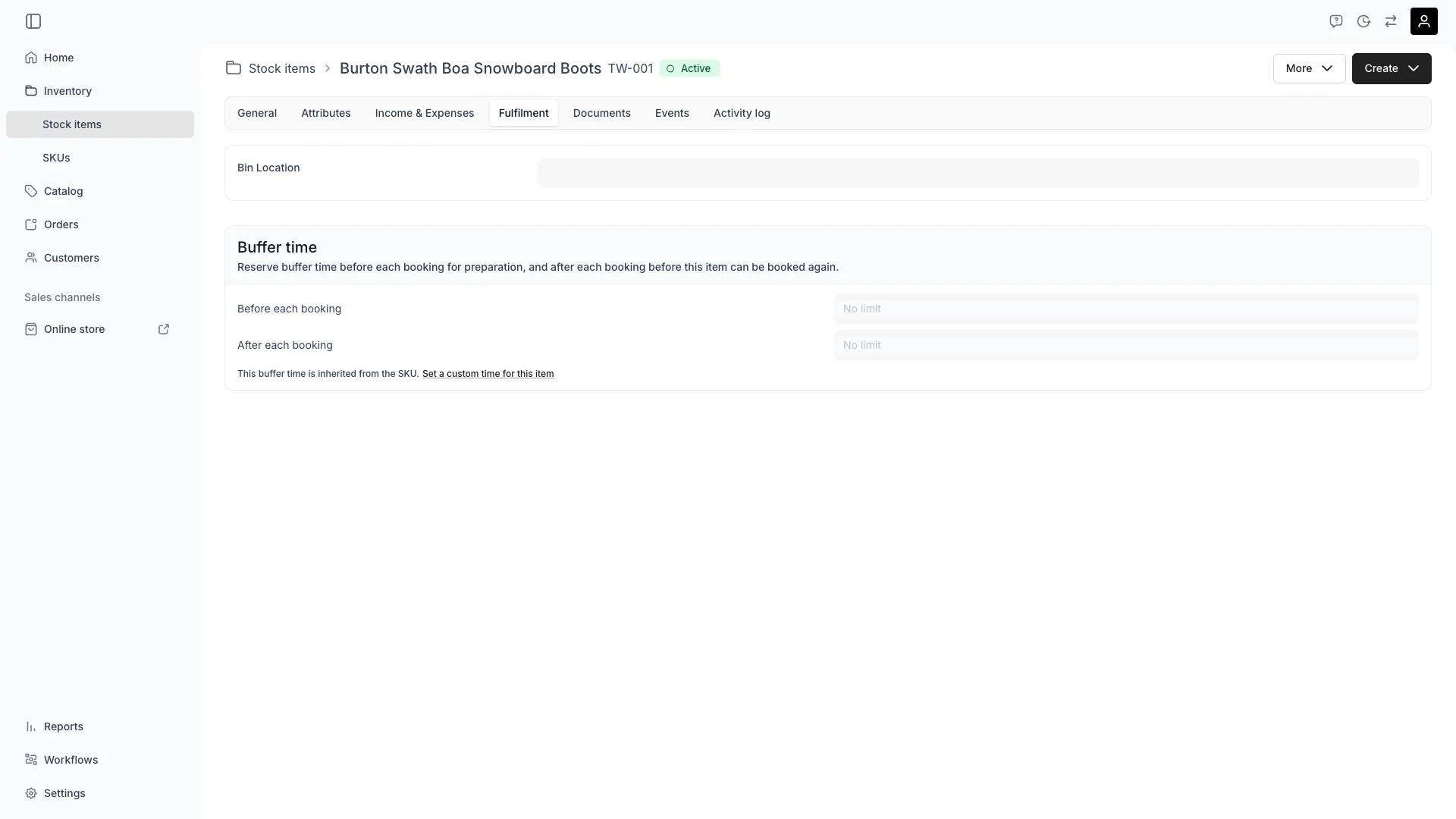 Stock item fulfillment tab showing storage and substitution settings