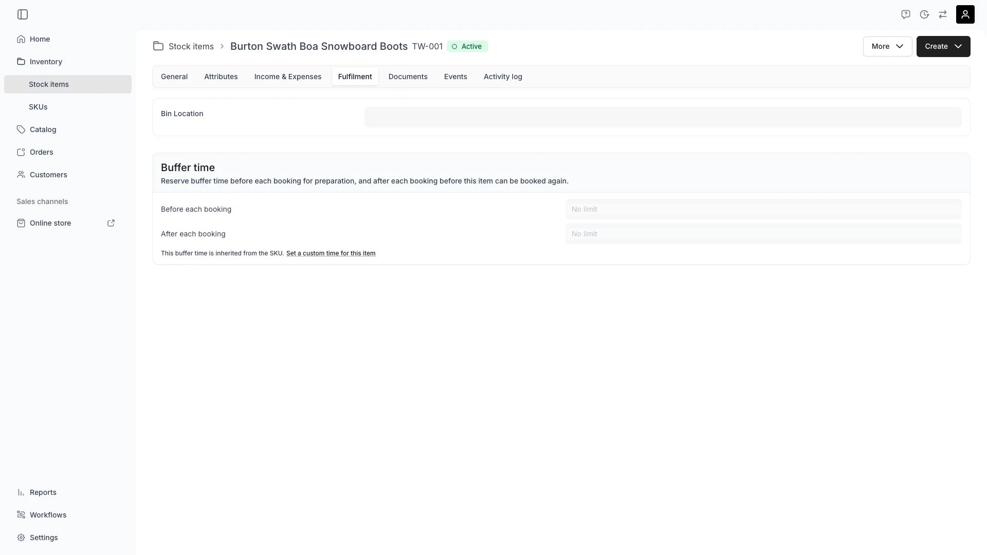 Stock item fulfillment tab showing storage and substitution settings
