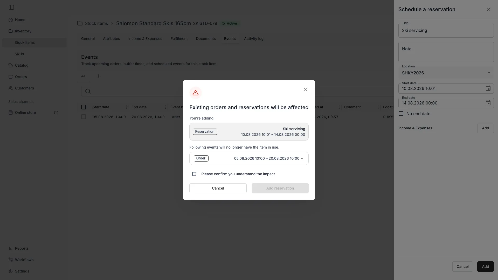 Confirmation dialog showing affected orders when creating a conflicting reservation