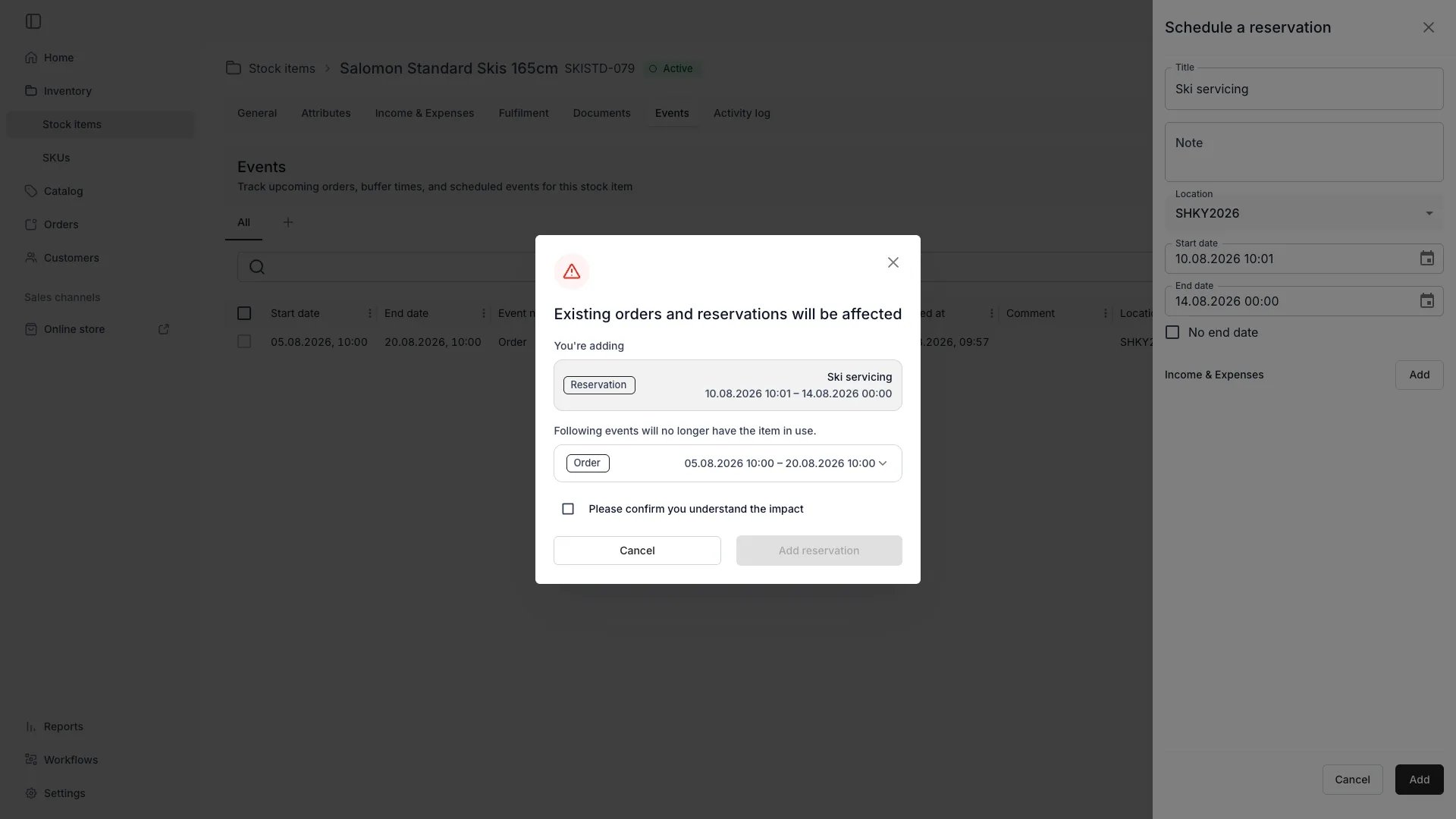 Confirmation dialog showing affected orders when creating a conflicting reservation
