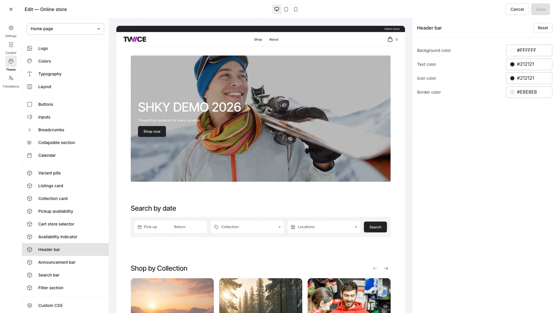 Header bar theme panel