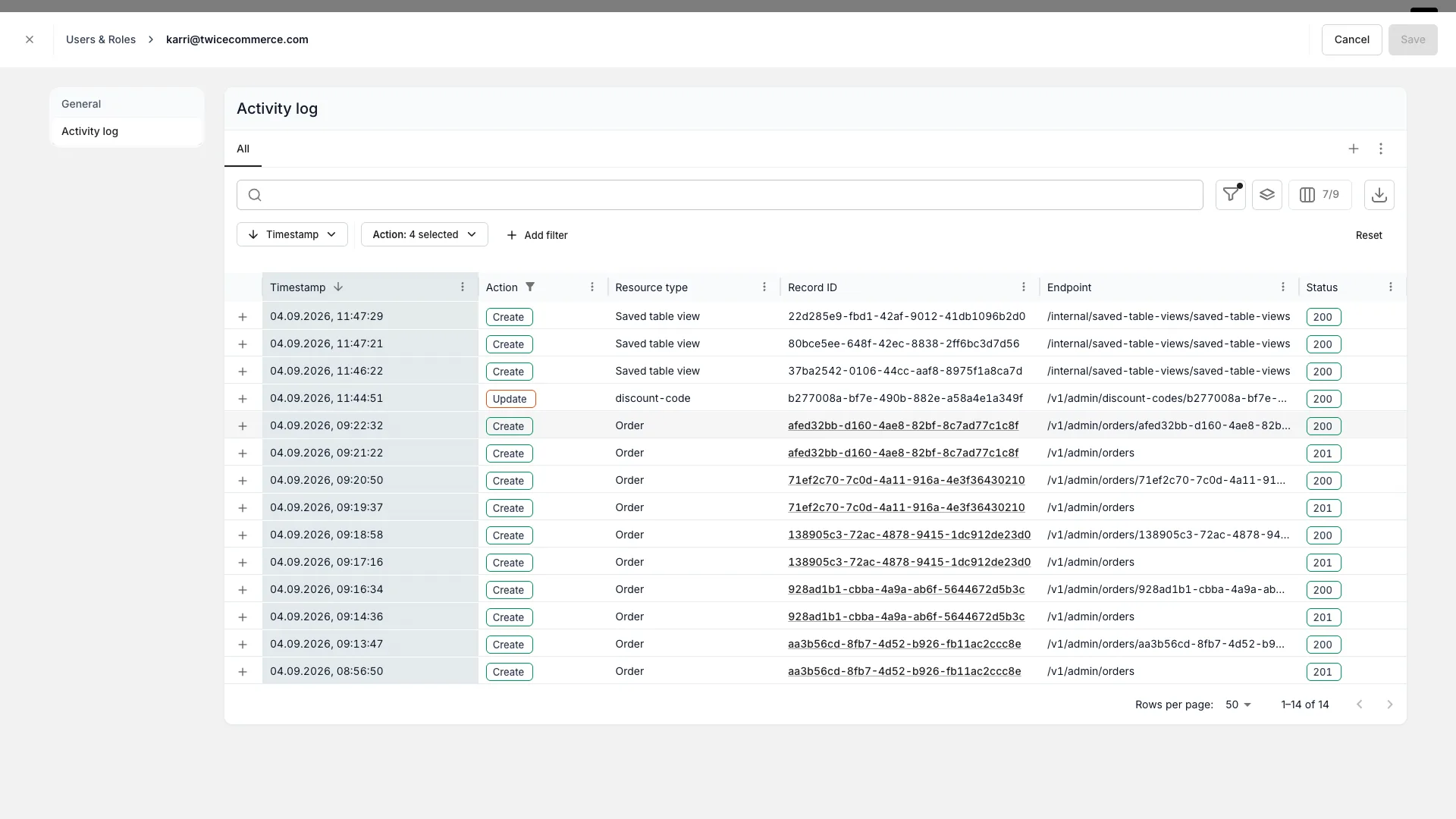 Per-user Activity log with Timestamp, Action, Resource type, Record ID, Endpoint, and Status columns, and no Actor column
