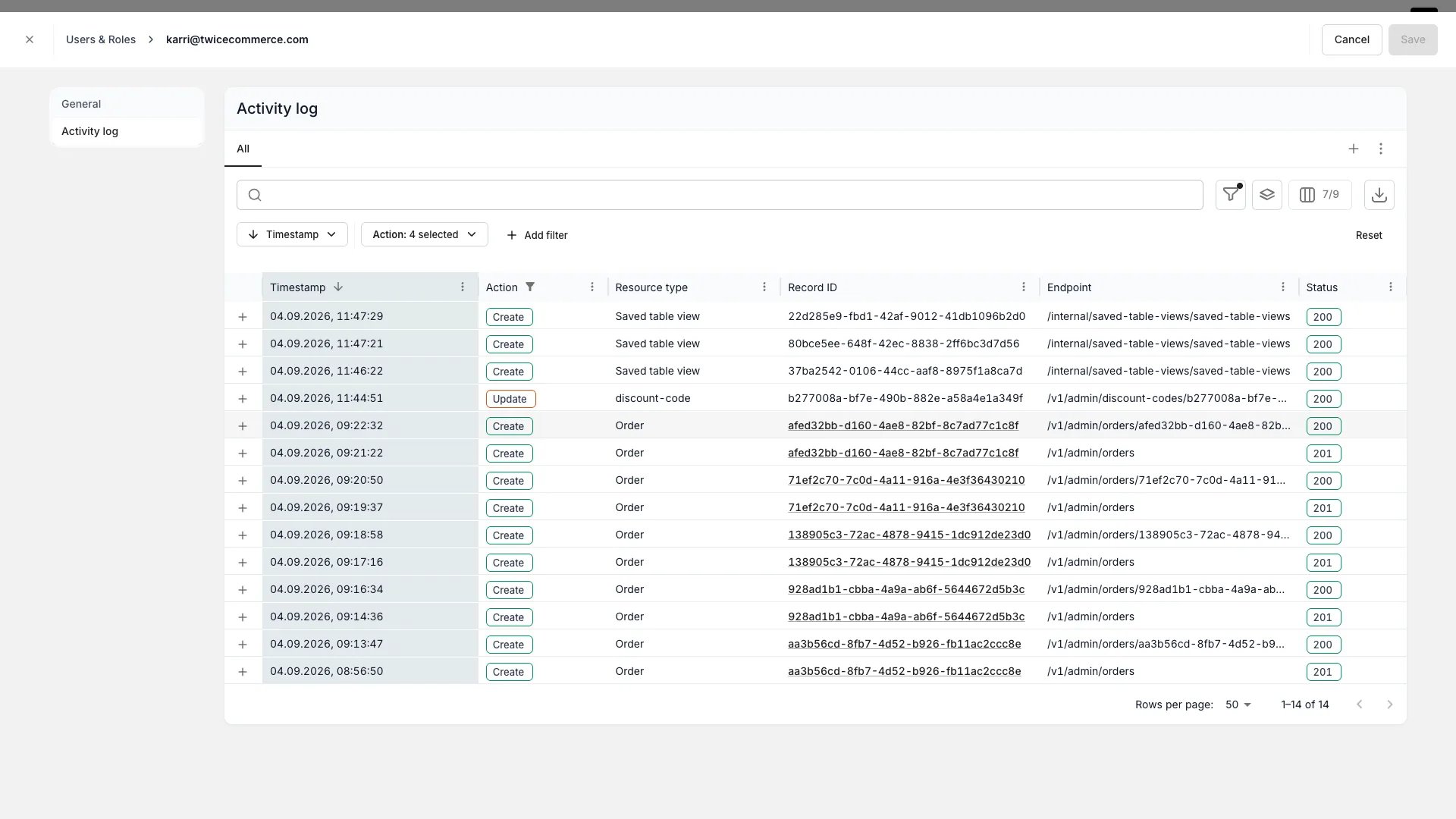 Per-user Activity log with Timestamp, Action, Resource type, Record ID, Endpoint, and Status columns, and no Actor column