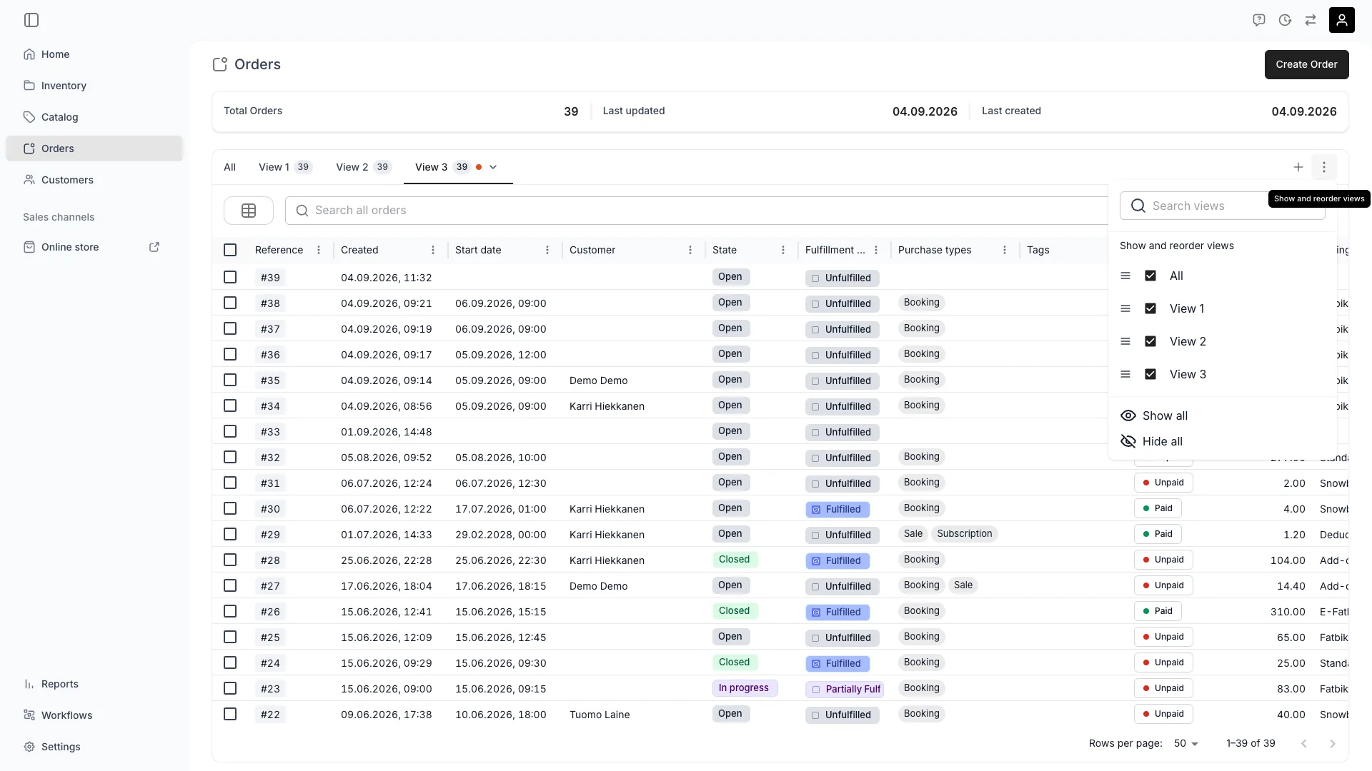 Show and reorder views panel open over a table, with a search box, drag grips, per-view checkboxes, and Show all / Hide all