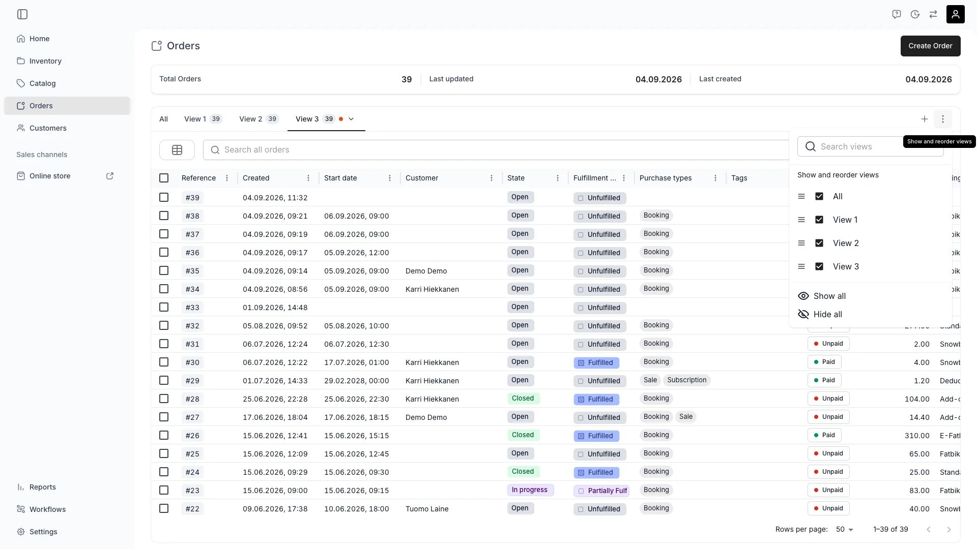 Show and reorder views panel open over a table, with a search box, drag grips, per-view checkboxes, and Show all / Hide all