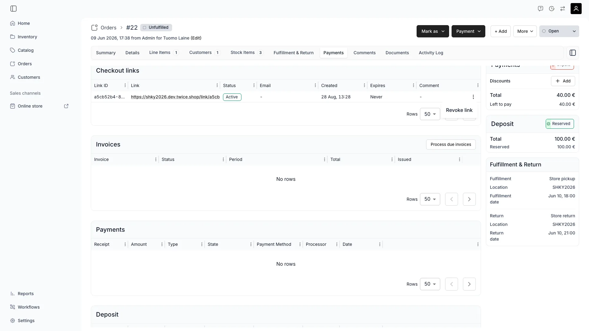 Checkout links table with an Active link and the row menu open on Revoke link