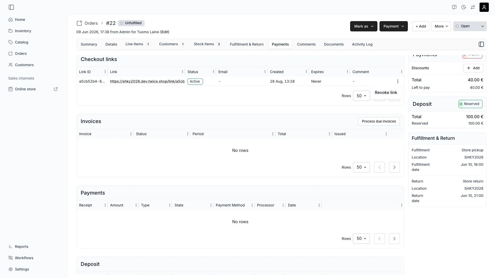 Checkout links table with an Active link and the row menu open on Revoke link