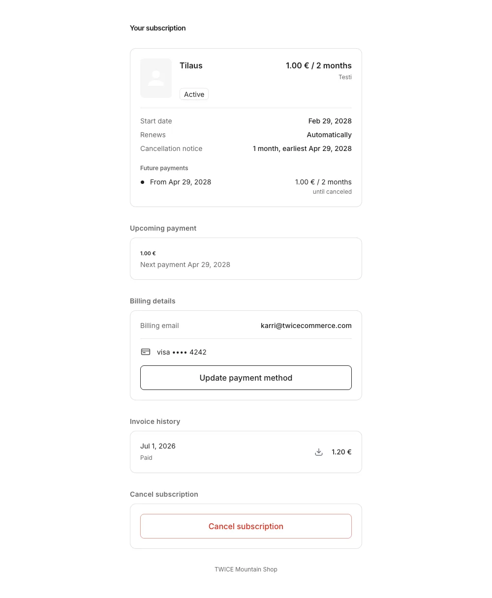 Subscription portal showing the active subscription, upcoming payment, billing details, invoice history, and cancel
