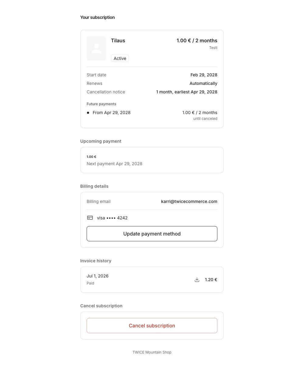 Subscription portal showing the active subscription, upcoming payment, billing details, invoice history, and cancel