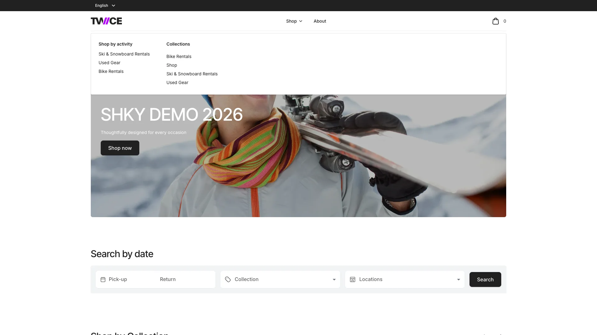Otevřená nabídka Shop v online obchodě, strom kategorií Shop by activity vypisuje své tři skupiny vedle sloupce Collections