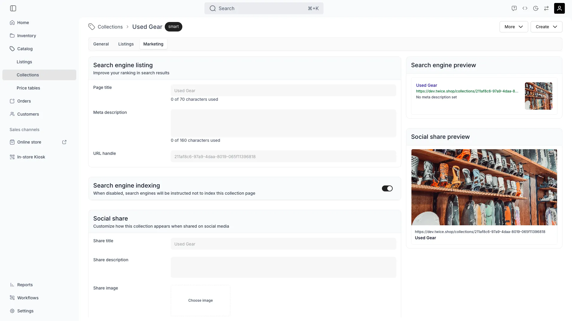 Collection marketing tab showing SEO and storefront content