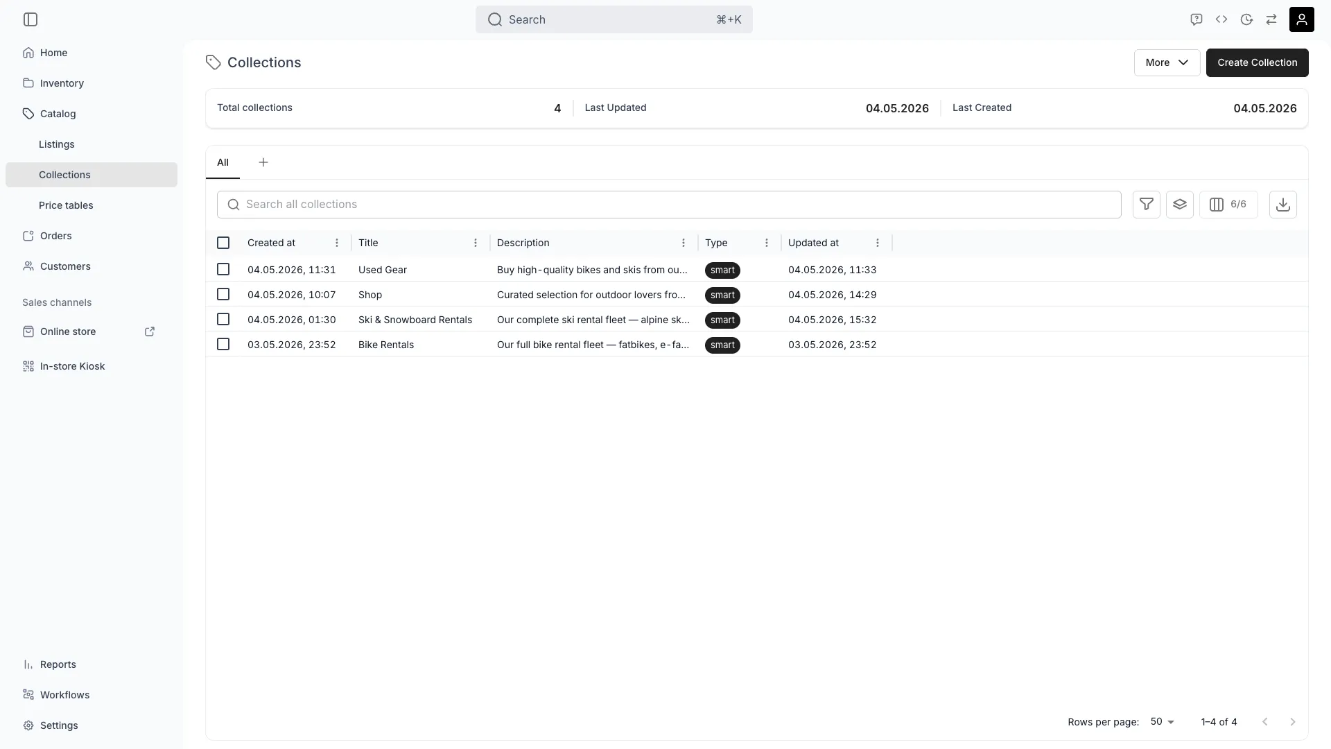 Collections table showing manual and smart collections
