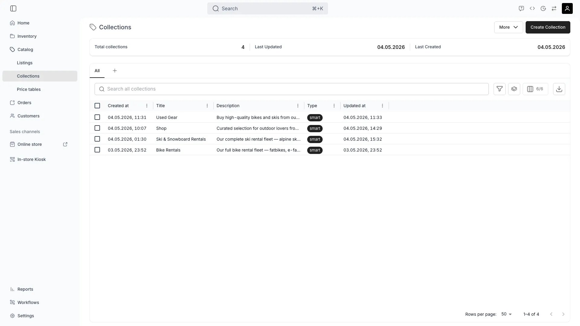 Collections table showing manual and smart collections