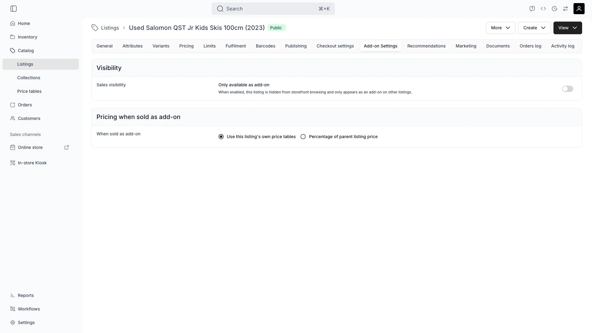 Listing add-on settings tab showing visibility and add-on pricing options