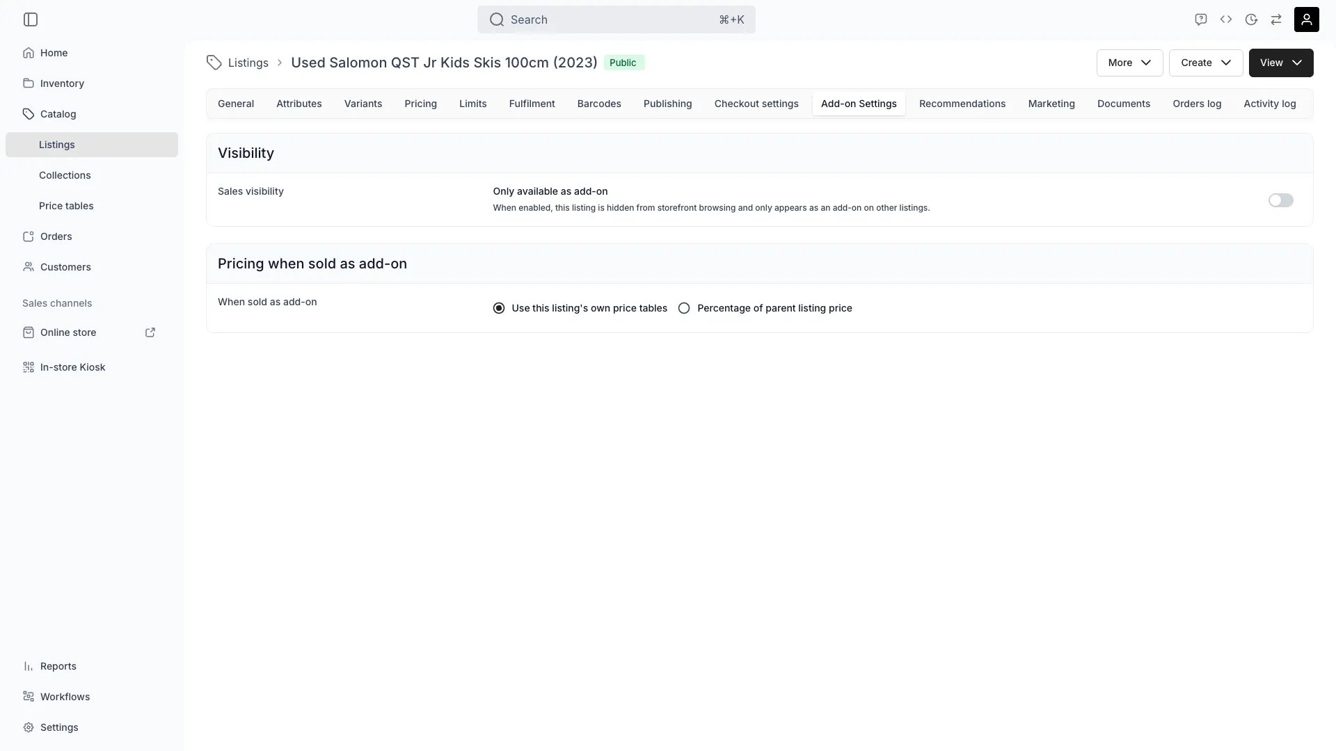 Listing add-on settings tab showing visibility and add-on pricing options