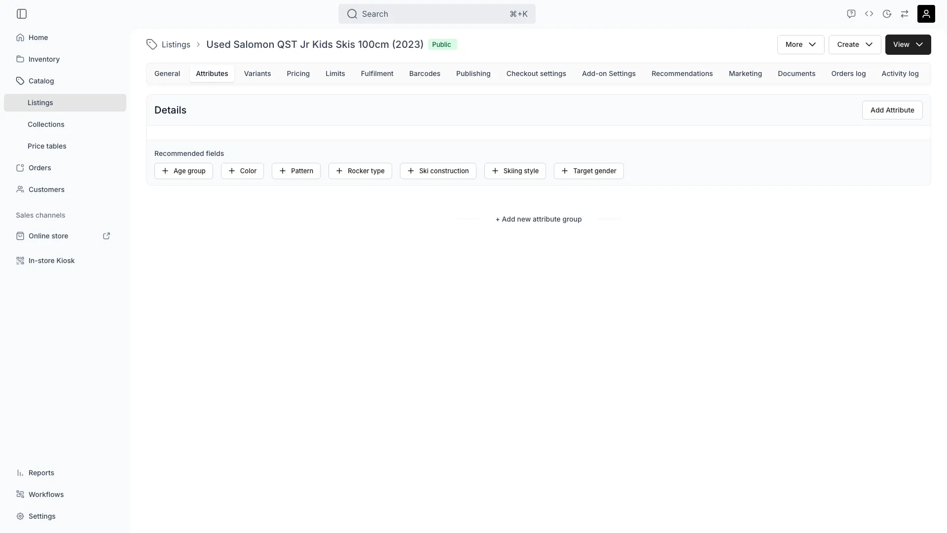 Listing attributes tab showing custom fields