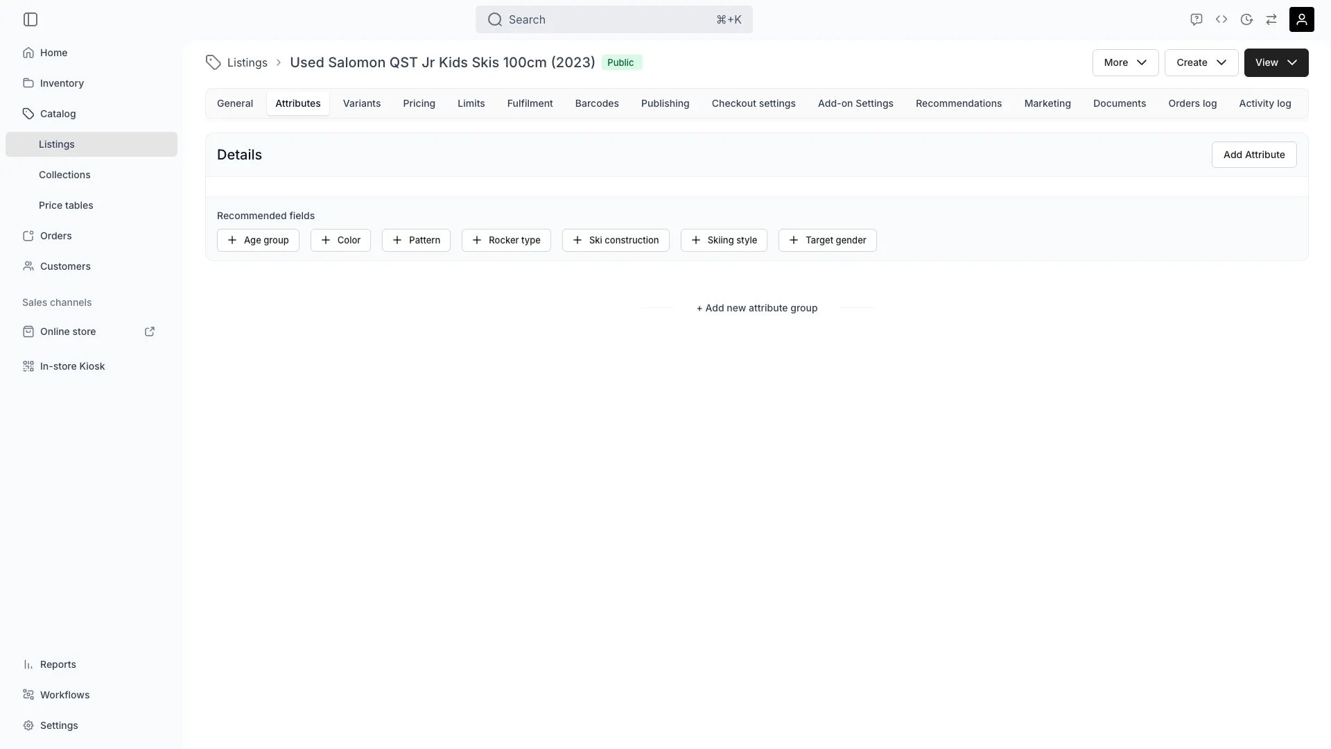 Listing attributes tab showing custom fields