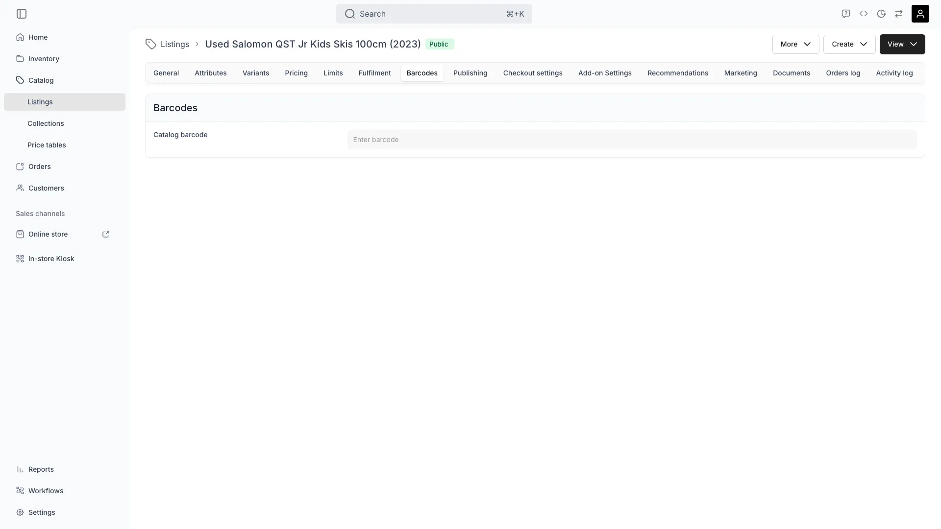 Listing barcodes tab showing barcode assignments
