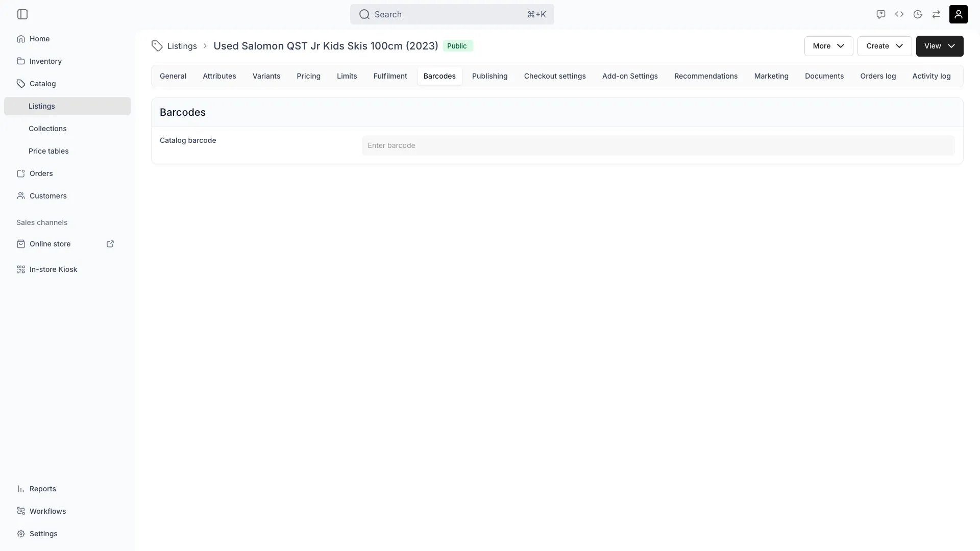 Listing barcodes tab showing barcode assignments