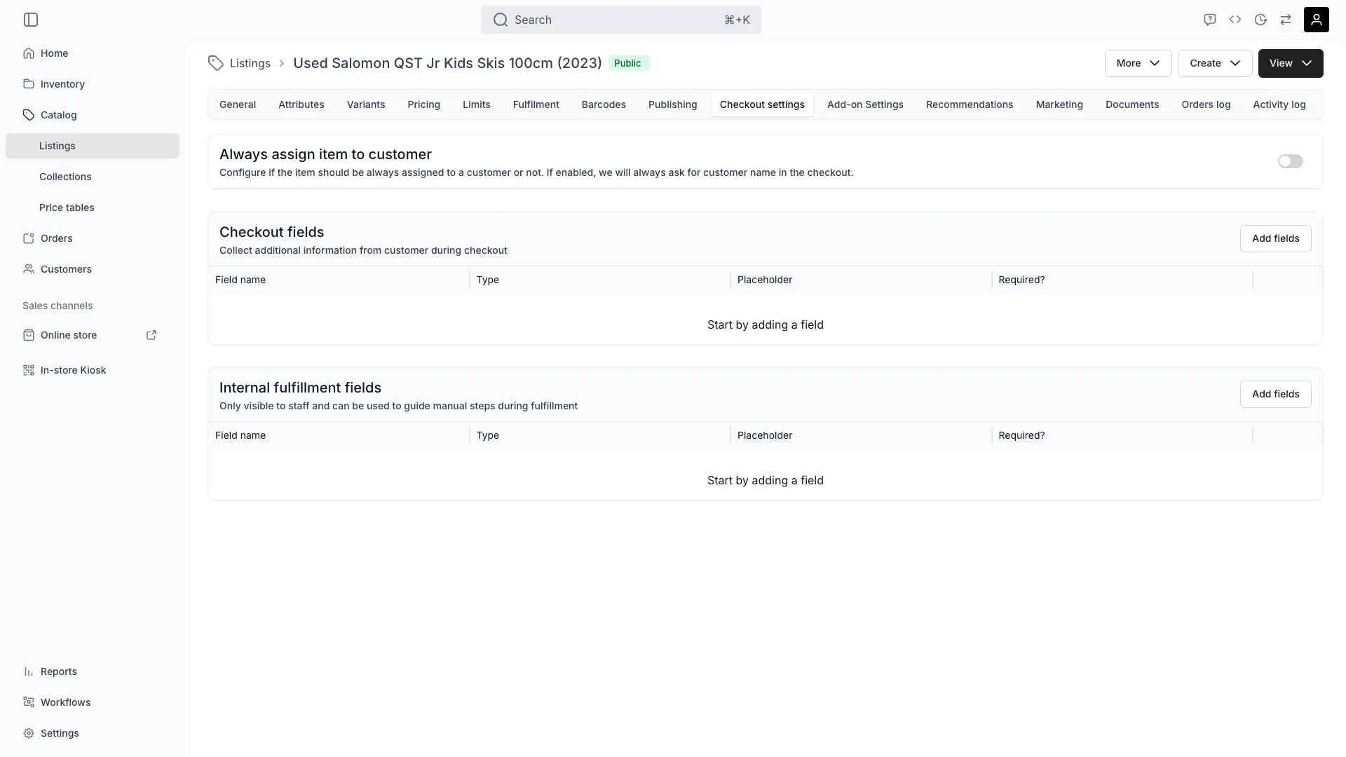 Checkout Settings tab on a listing