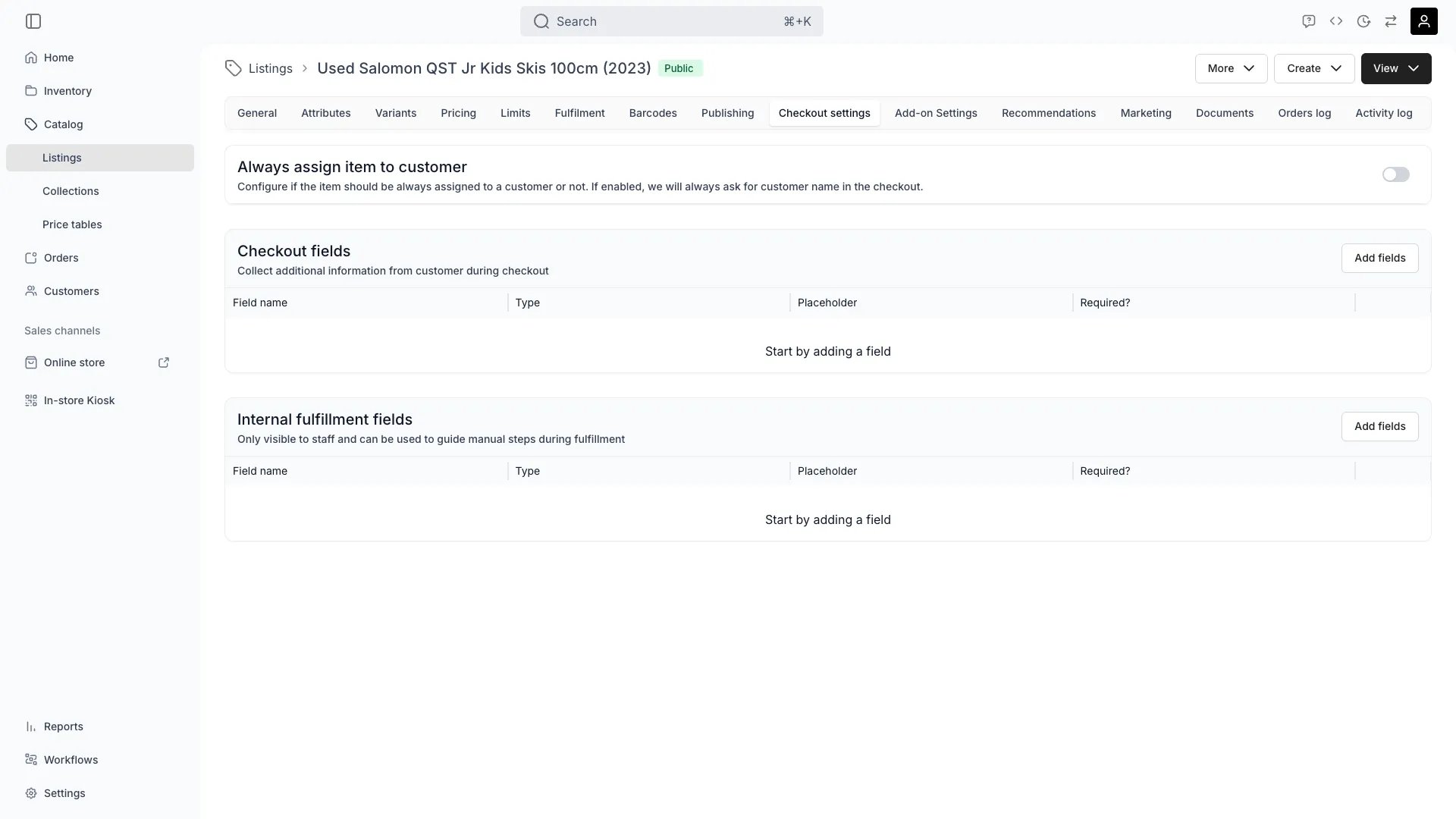 Checkout Settings tab on a listing