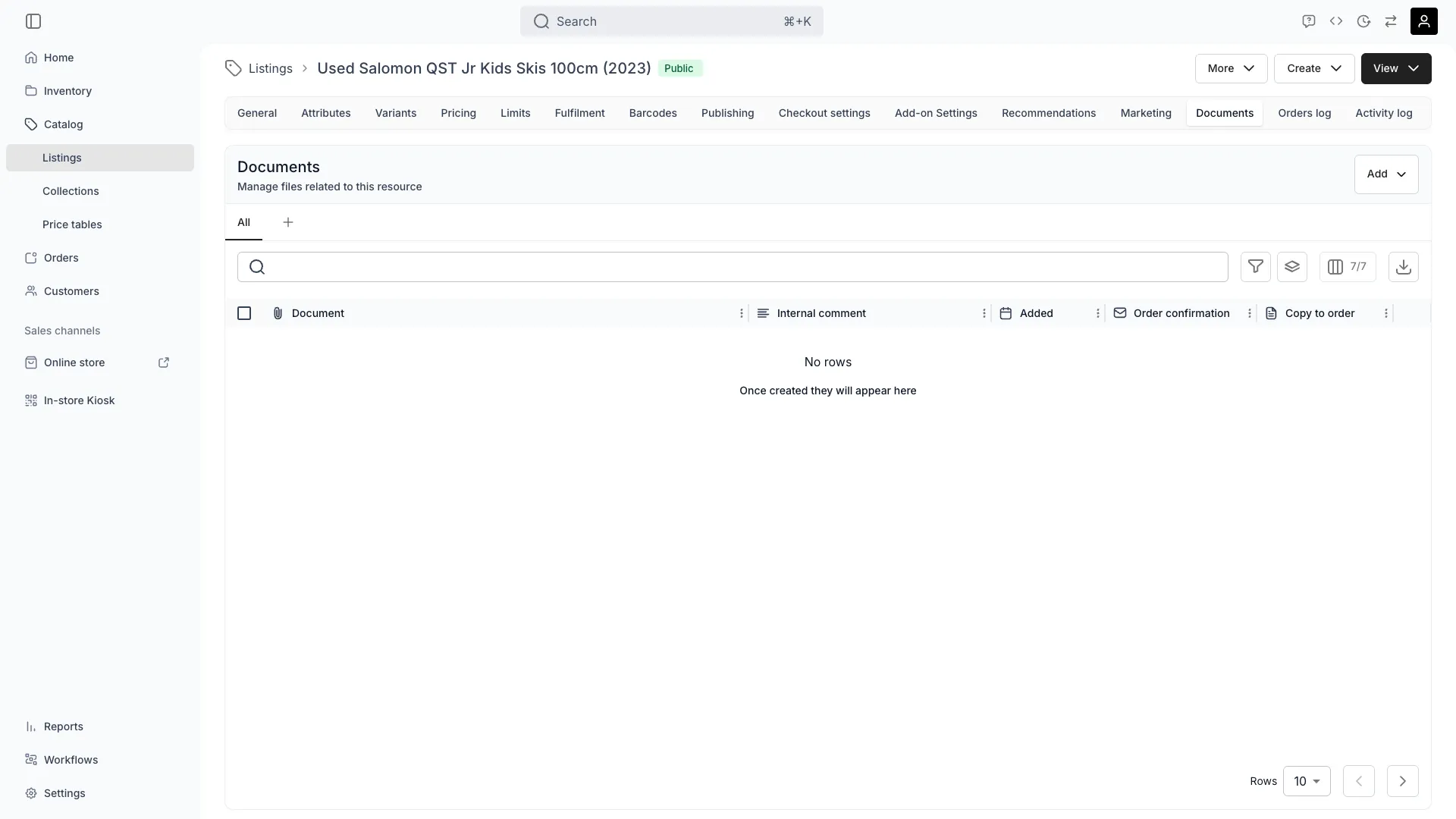 Listing documents tab showing uploaded files