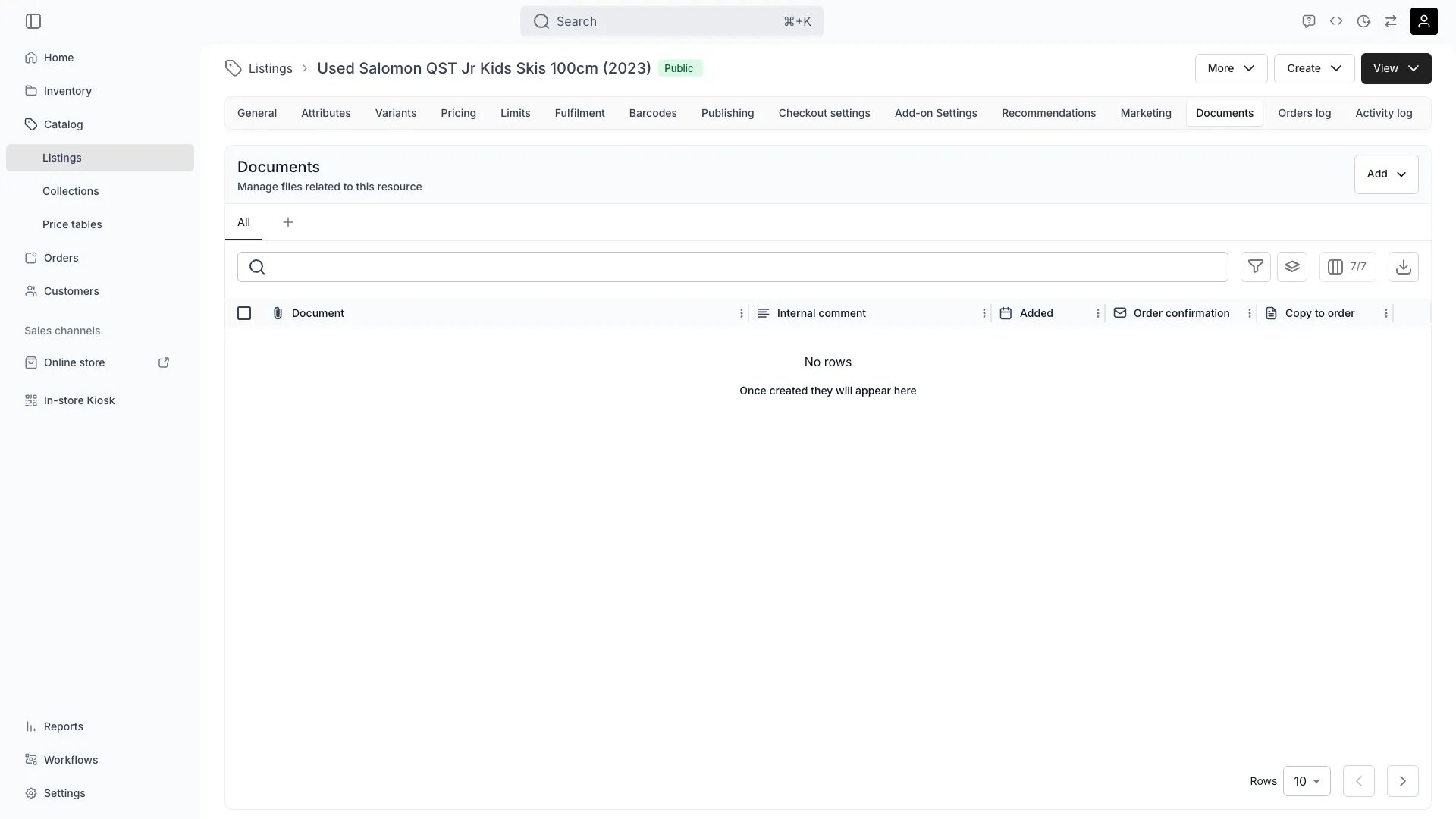 Listing documents tab showing uploaded files