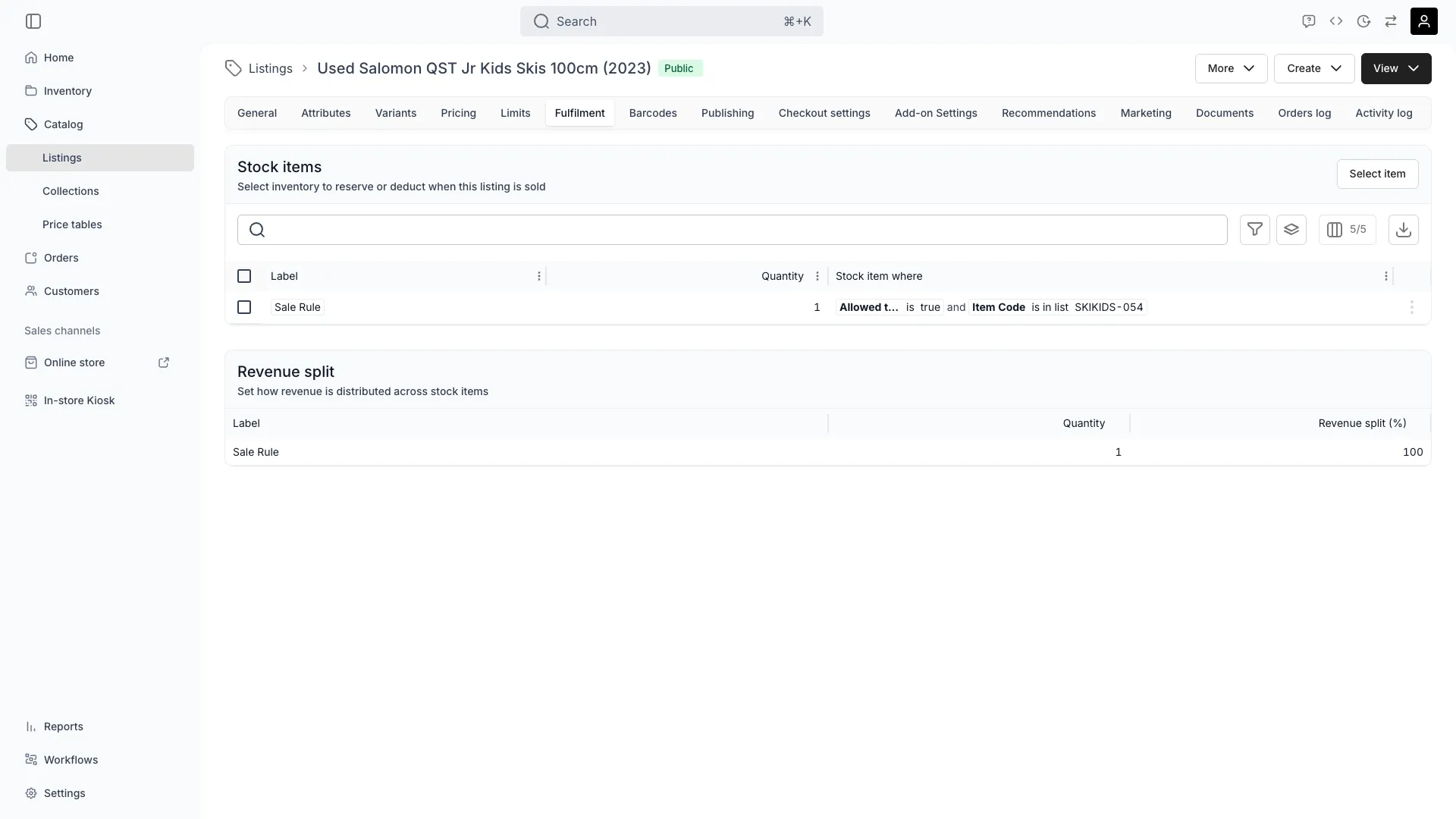 Listing fulfillment tab showing stock item assignment