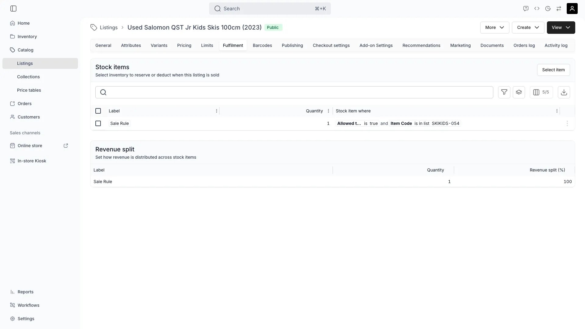 Listing fulfillment tab showing stock item assignment