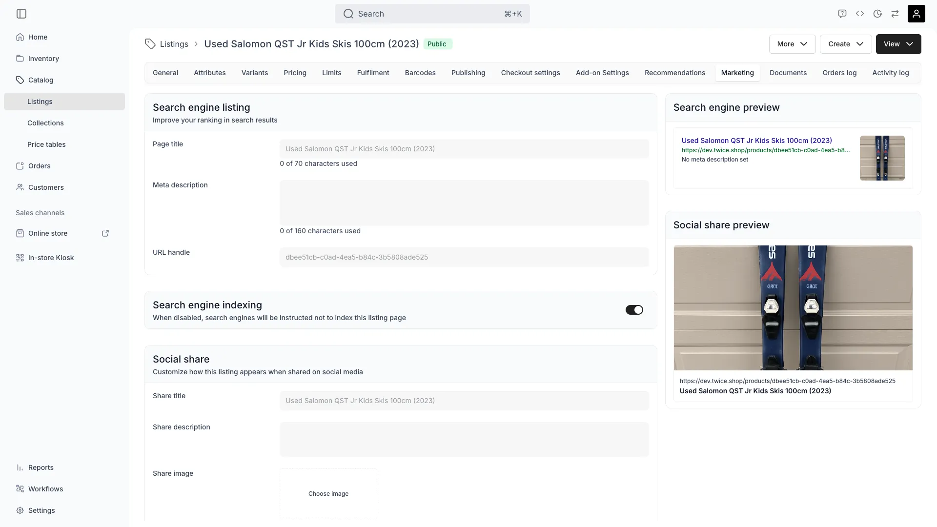 Marketing tab on a listing