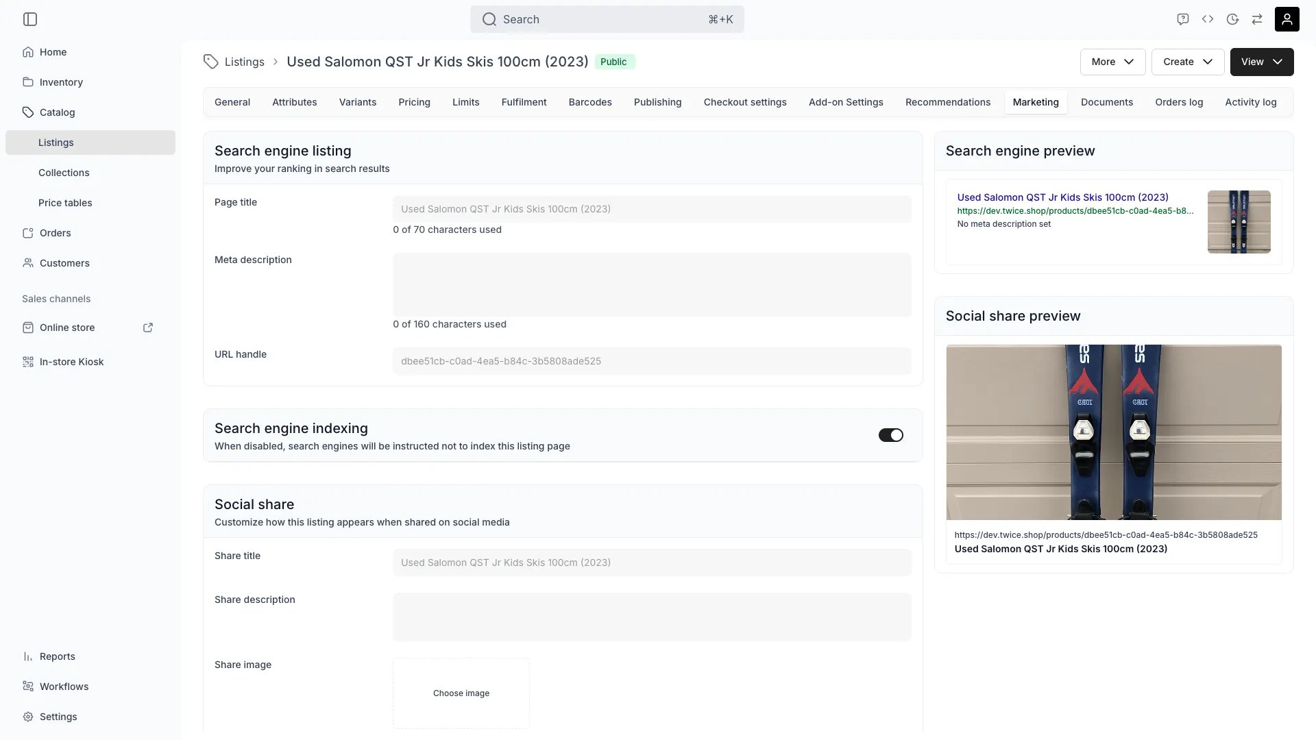 Marketing tab on a listing