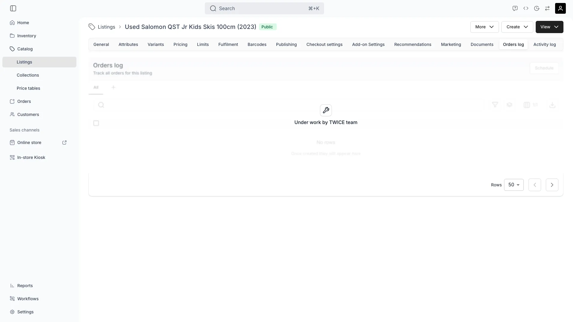 Orders log tab on a listing