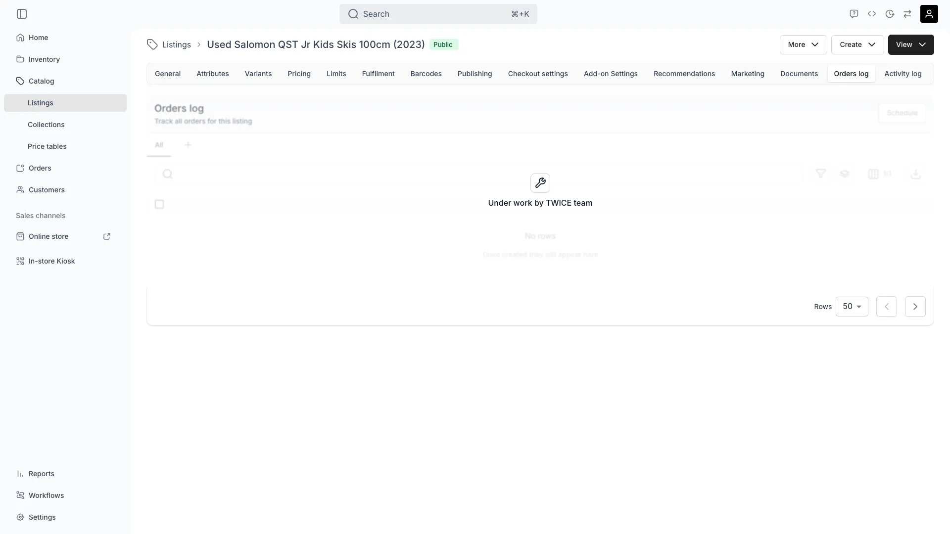 Orders log tab on a listing